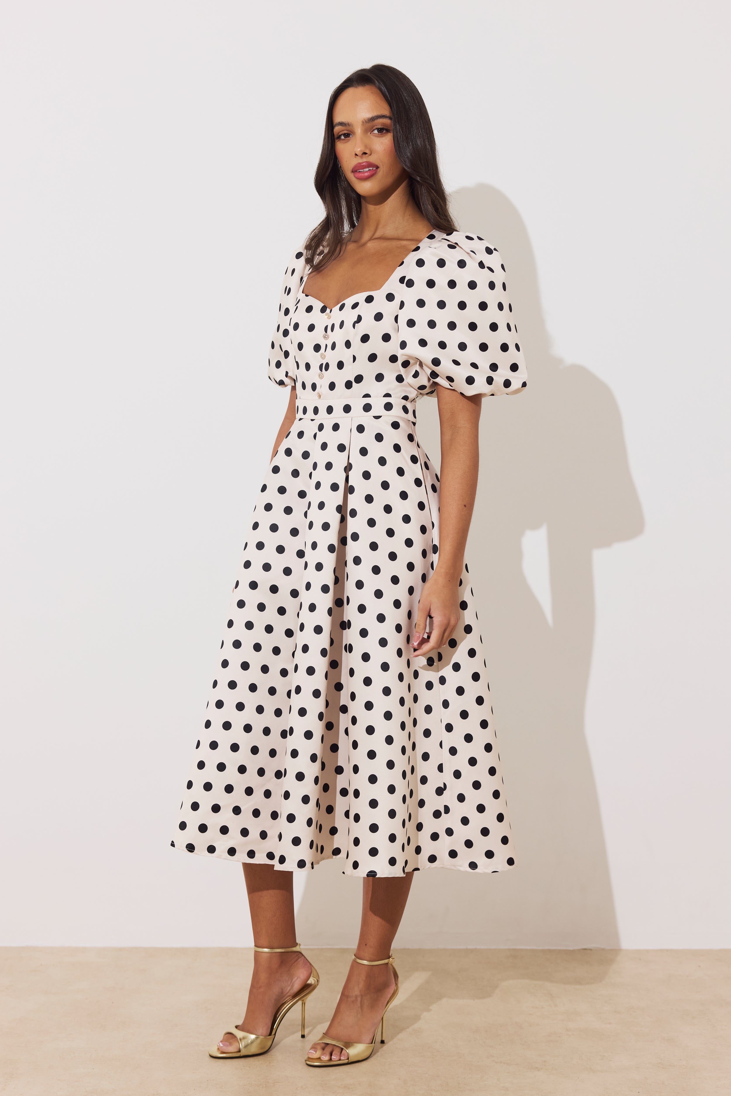 AUDREY PUFF SLEEVE FULL SKIRT DRESS - CHAMPAGNE BLACK