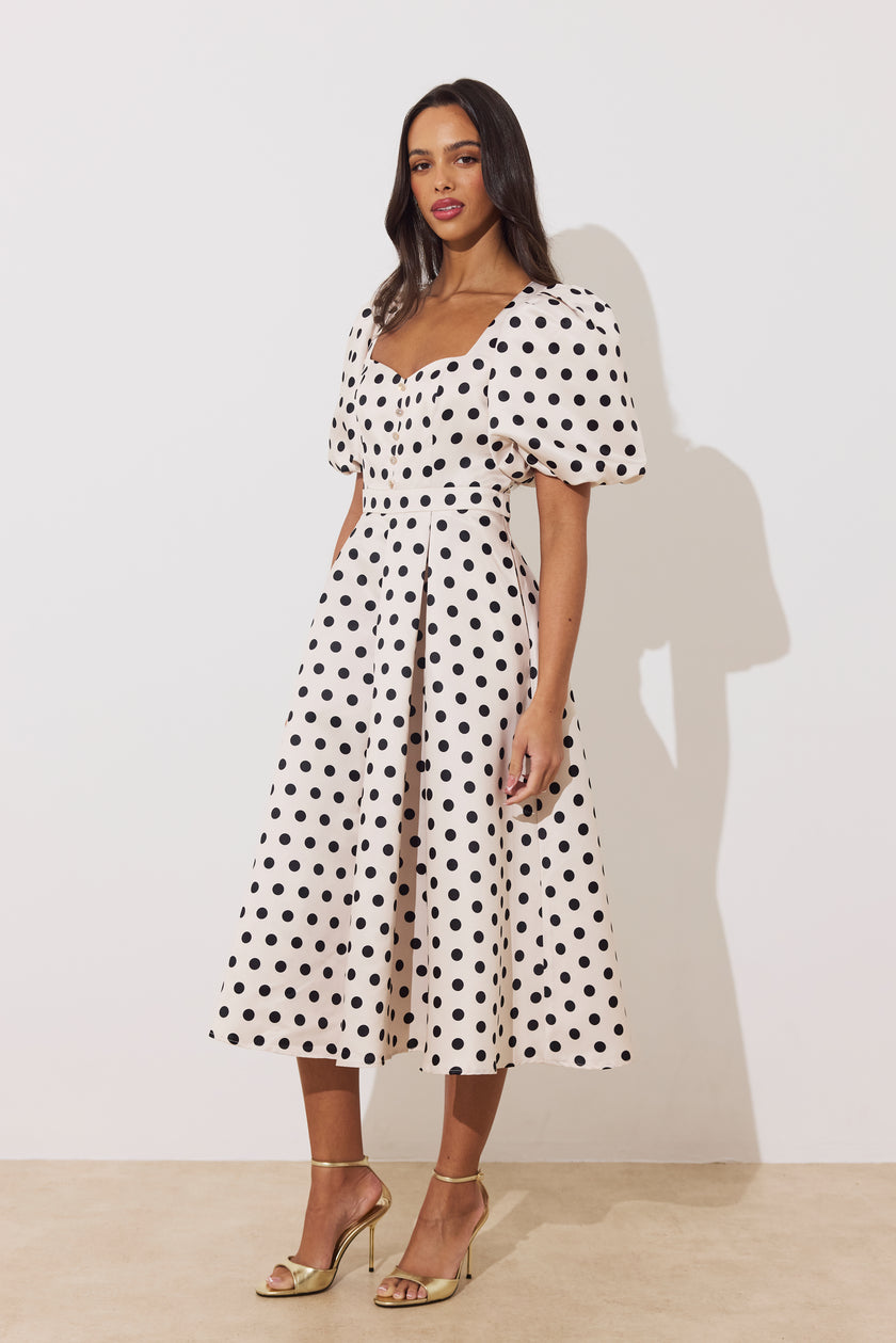 AUDREY PUFF SLEEVE FULL SKIRT DRESS - CHAMPAGNE BLACK