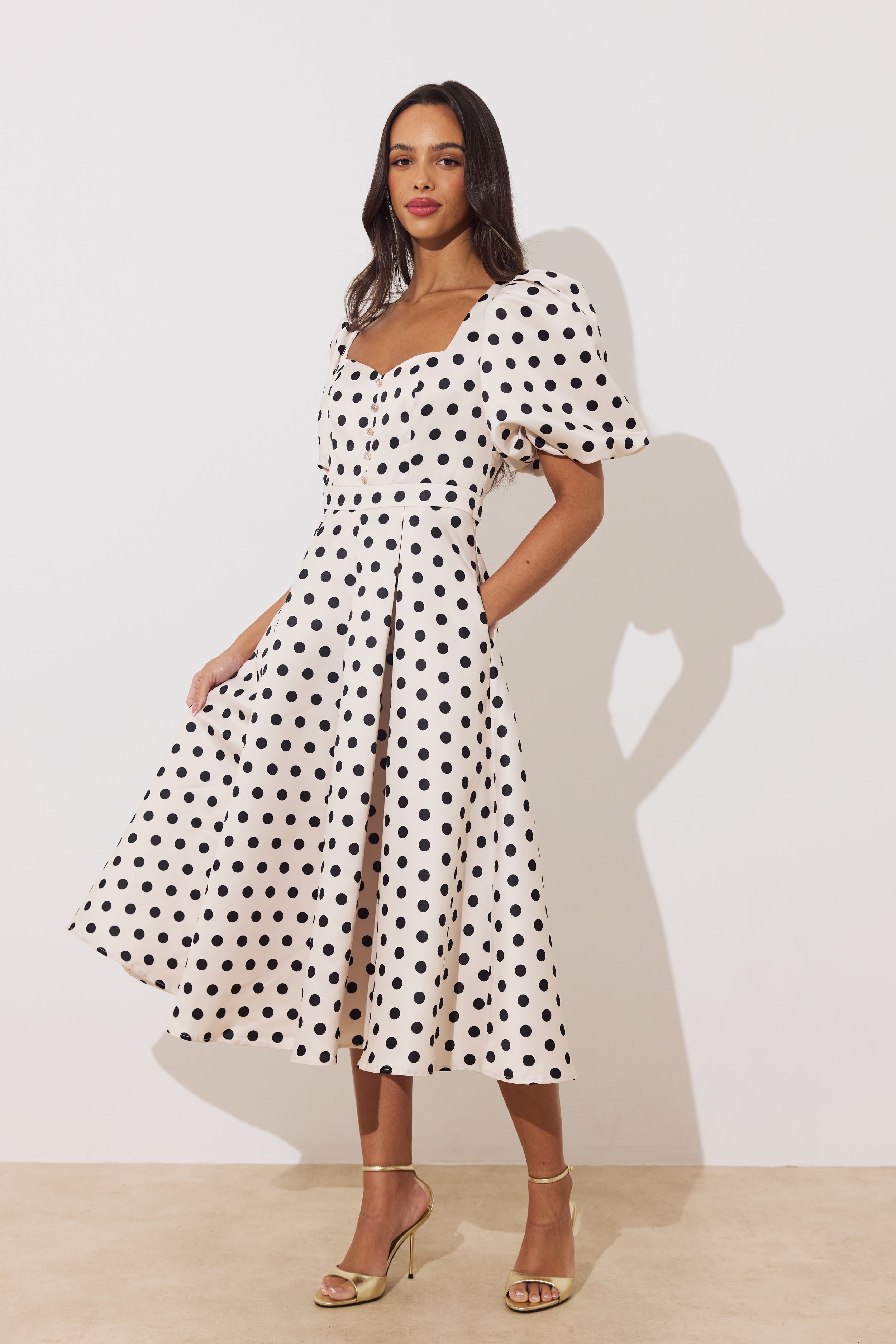 AUDREY PUFF SLEEVE FULL SKIRT DRESS - CHAMPAGNE BLACK