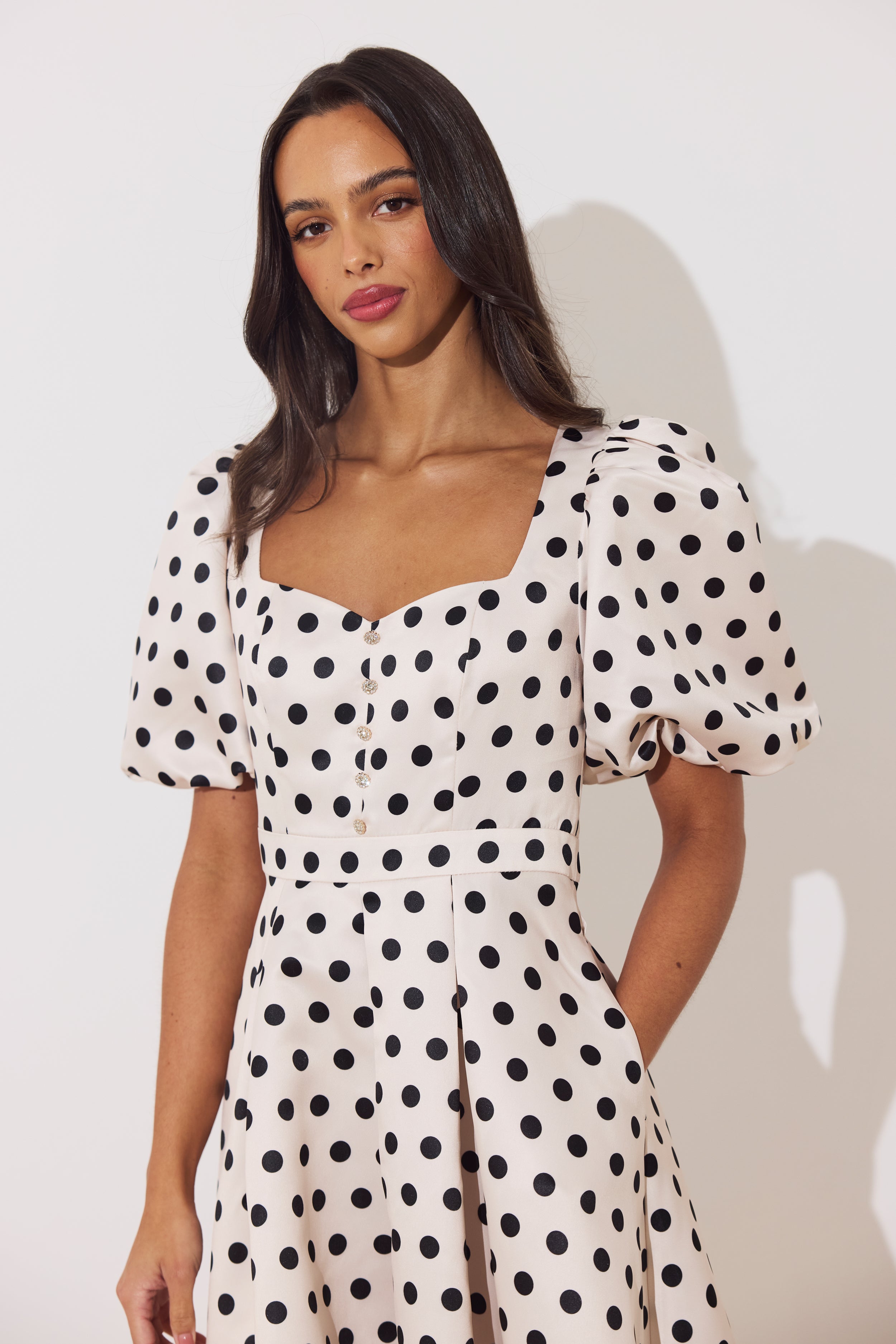 AUDREY PUFF SLEEVE FULL SKIRT DRESS - CHAMPAGNE BLACK