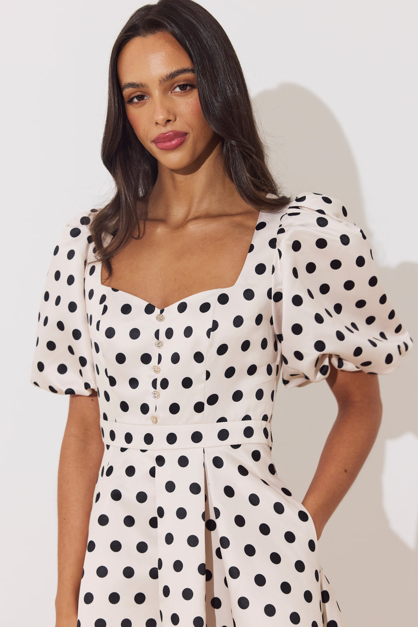 AUDREY PUFF SLEEVE FULL SKIRT DRESS - CHAMPAGNE BLACK