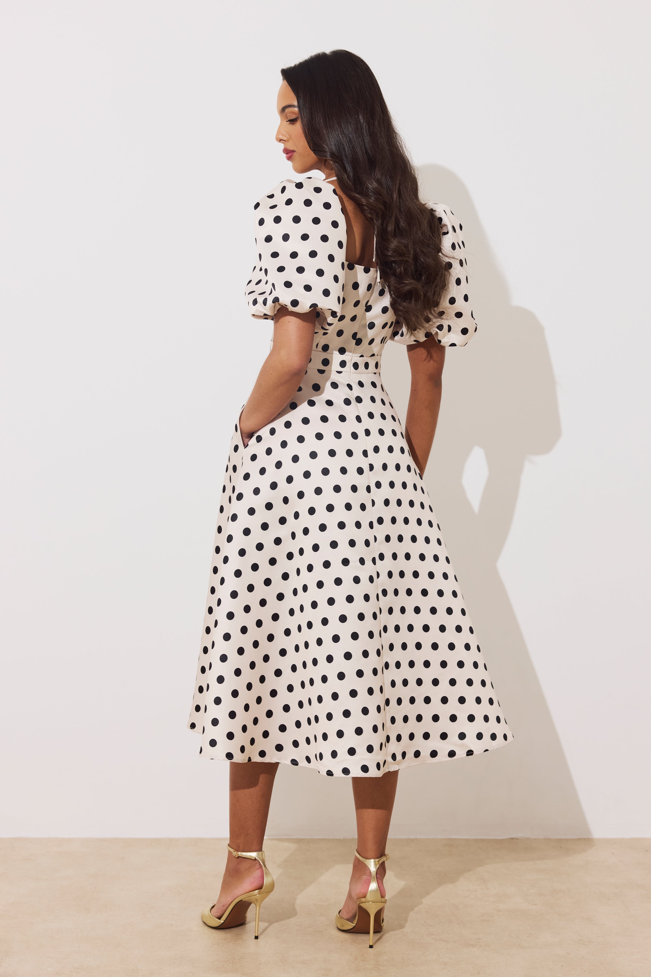 AUDREY PUFF SLEEVE FULL SKIRT DRESS - CHAMPAGNE BLACK