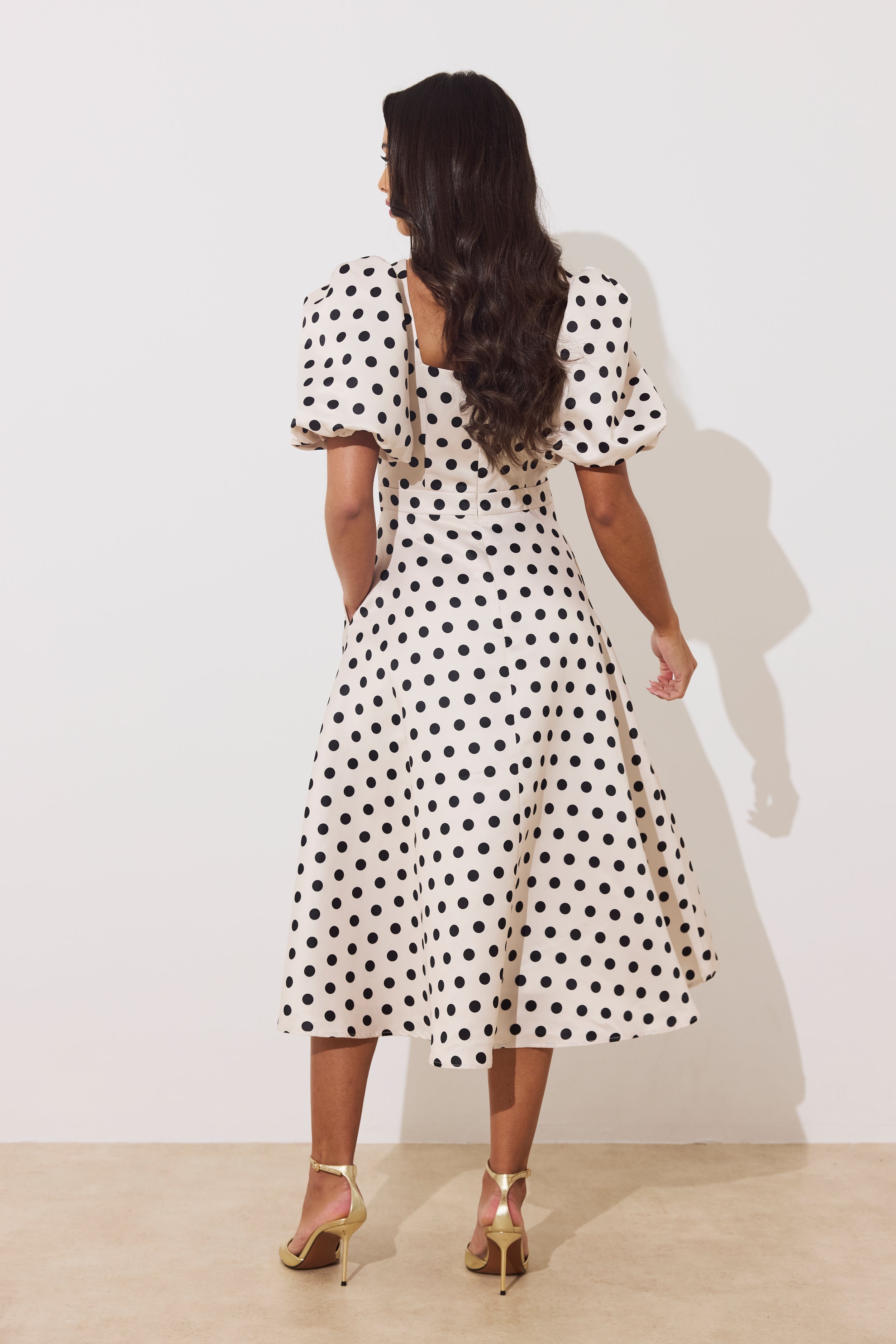 AUDREY PUFF SLEEVE FULL SKIRT DRESS - CHAMPAGNE BLACK