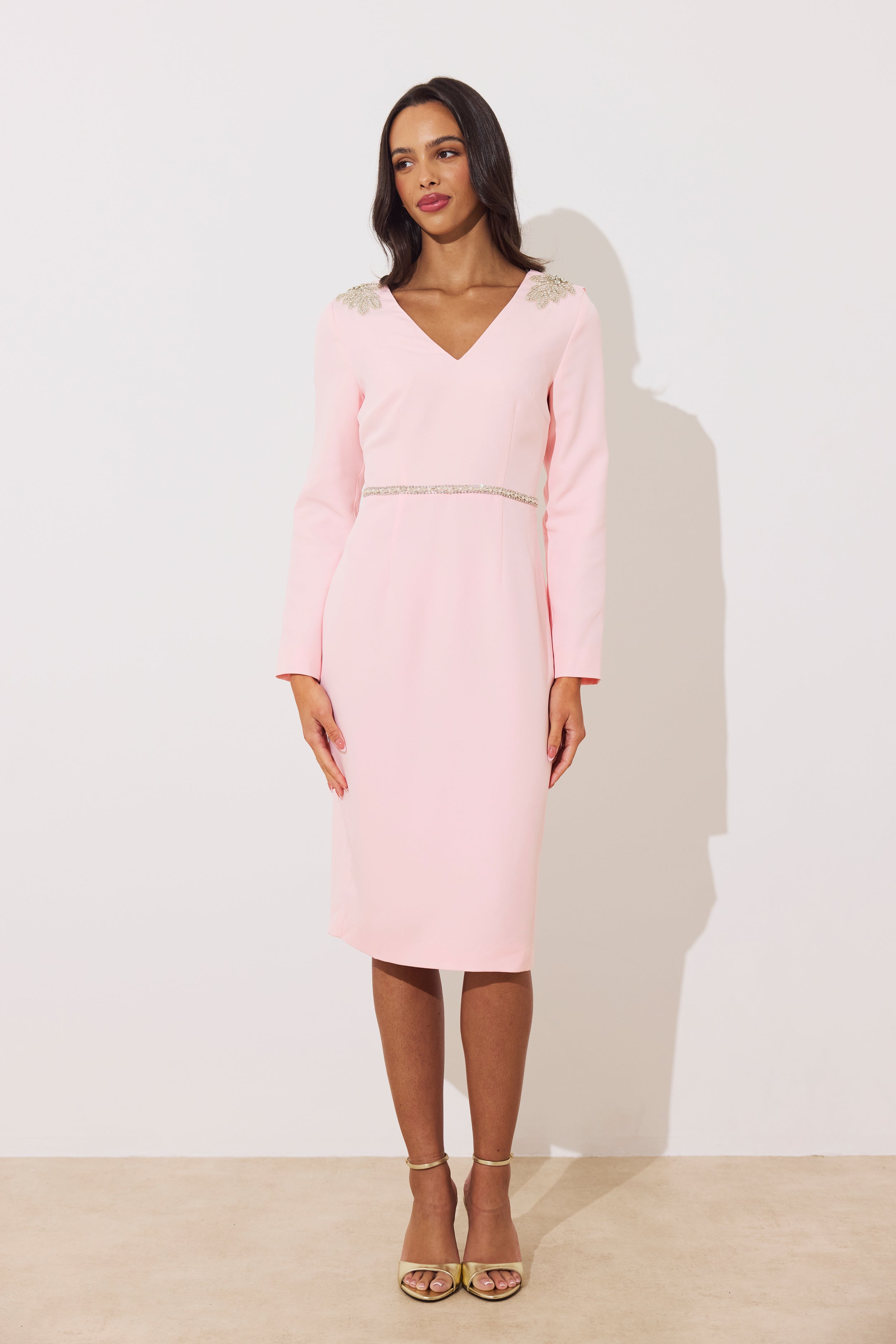 ASTERIA EMBELLISHED SHOULDER COWL BACK MIDI - PALE PINK