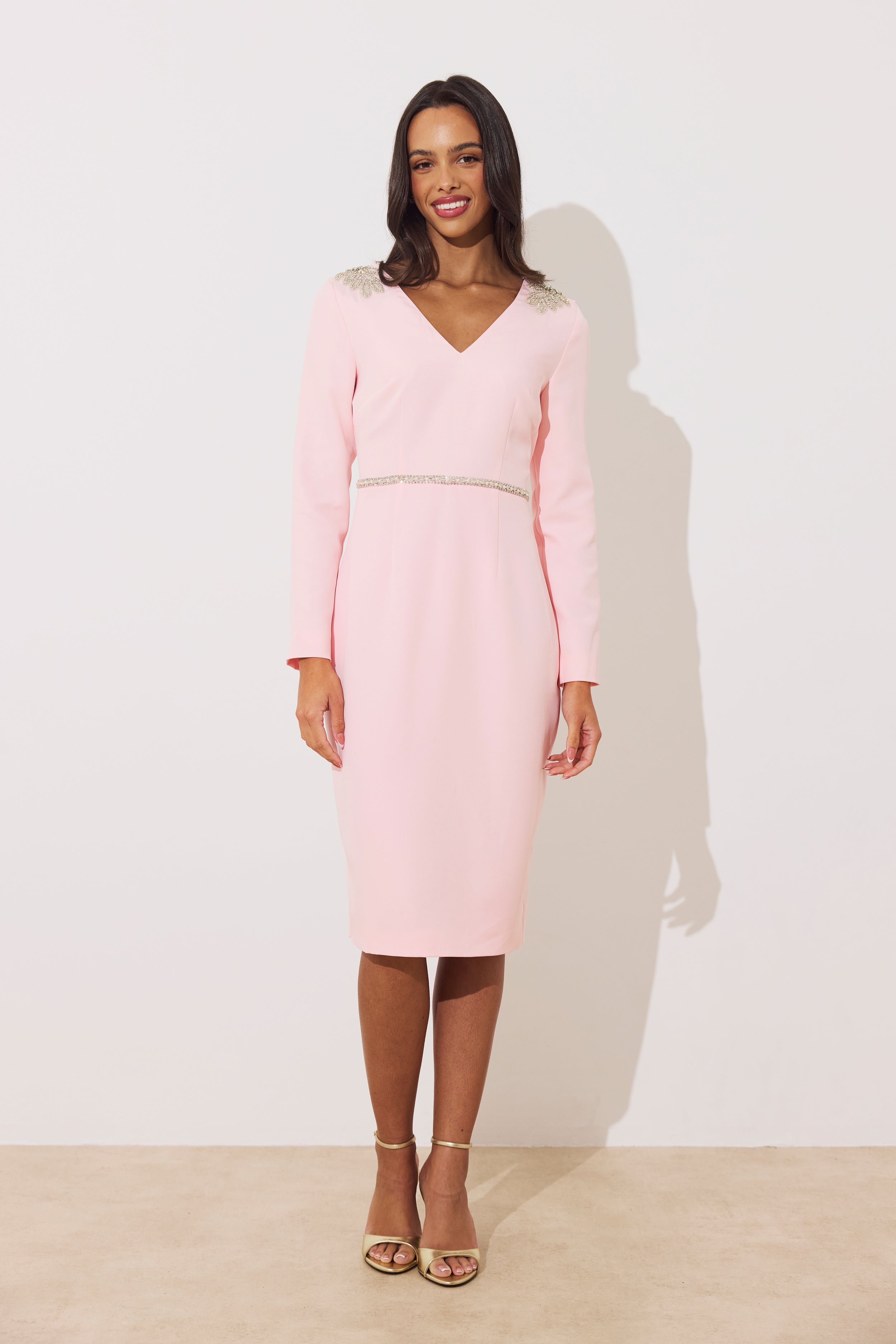 ASTERIA EMBELLISHED SHOULDER COWL BACK MIDI - PALE PINK