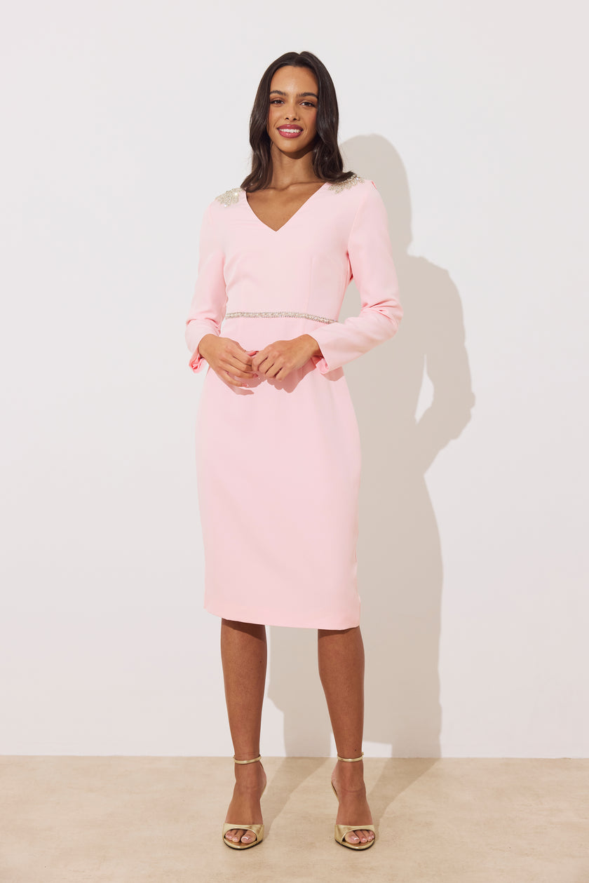 ASTERIA EMBELLISHED SHOULDER COWL BACK MIDI - PALE PINK