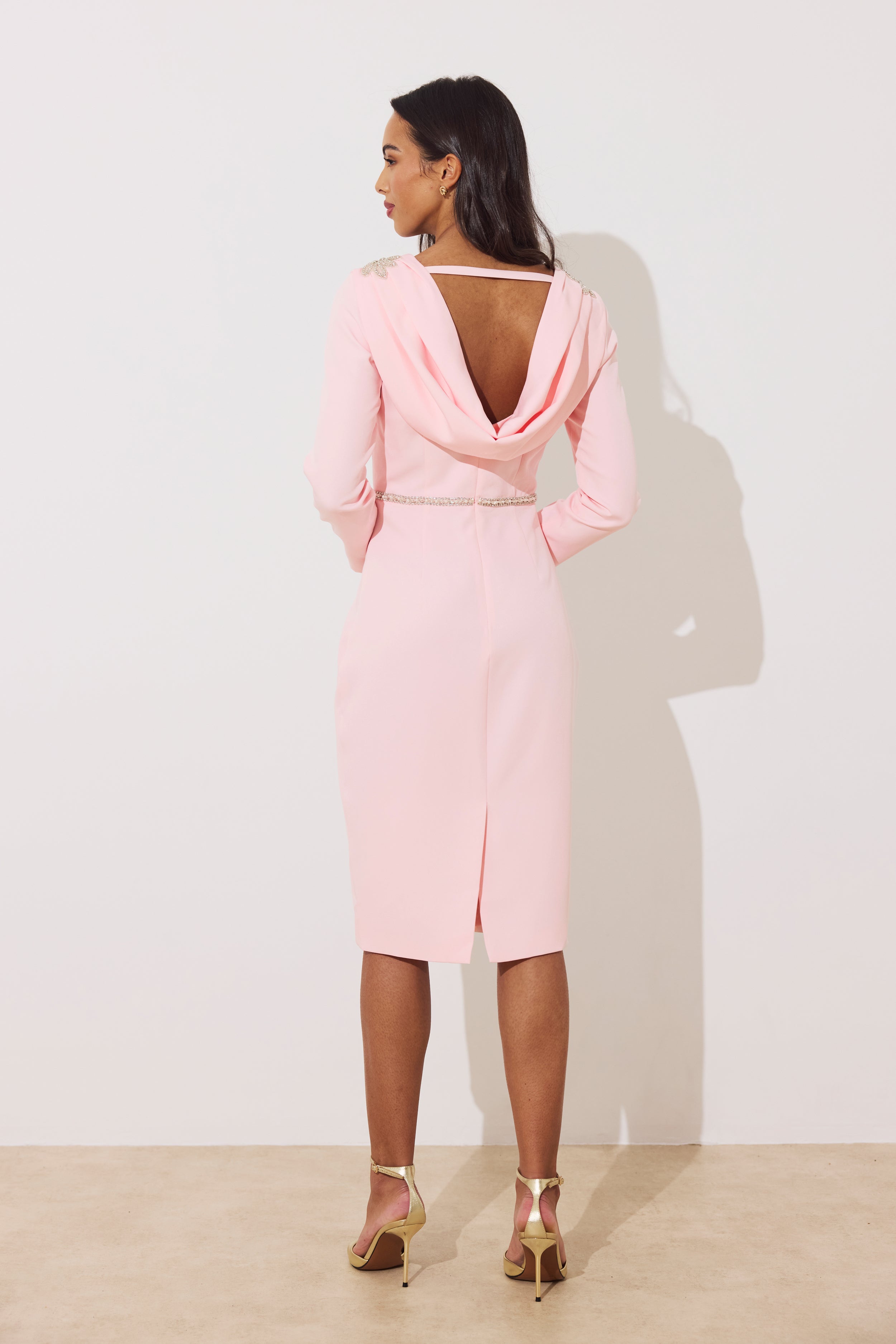 ASTERIA EMBELLISHED SHOULDER COWL BACK MIDI - PALE PINK