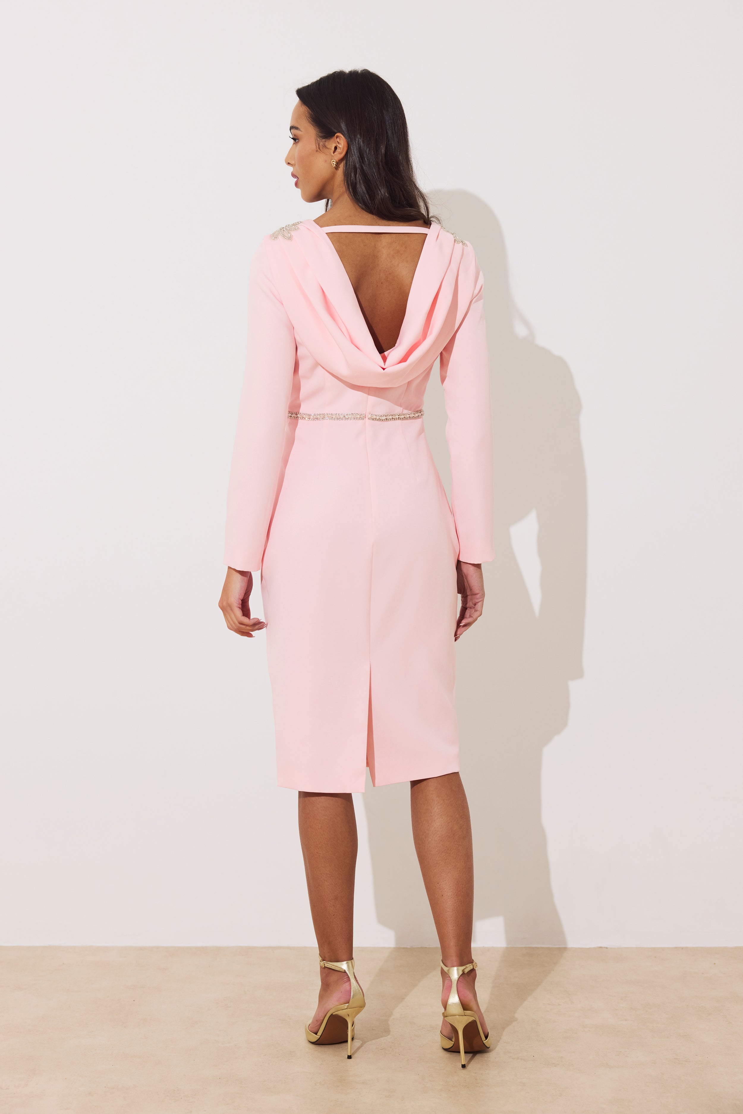 ASTERIA EMBELLISHED SHOULDER COWL BACK MIDI - PALE PINK