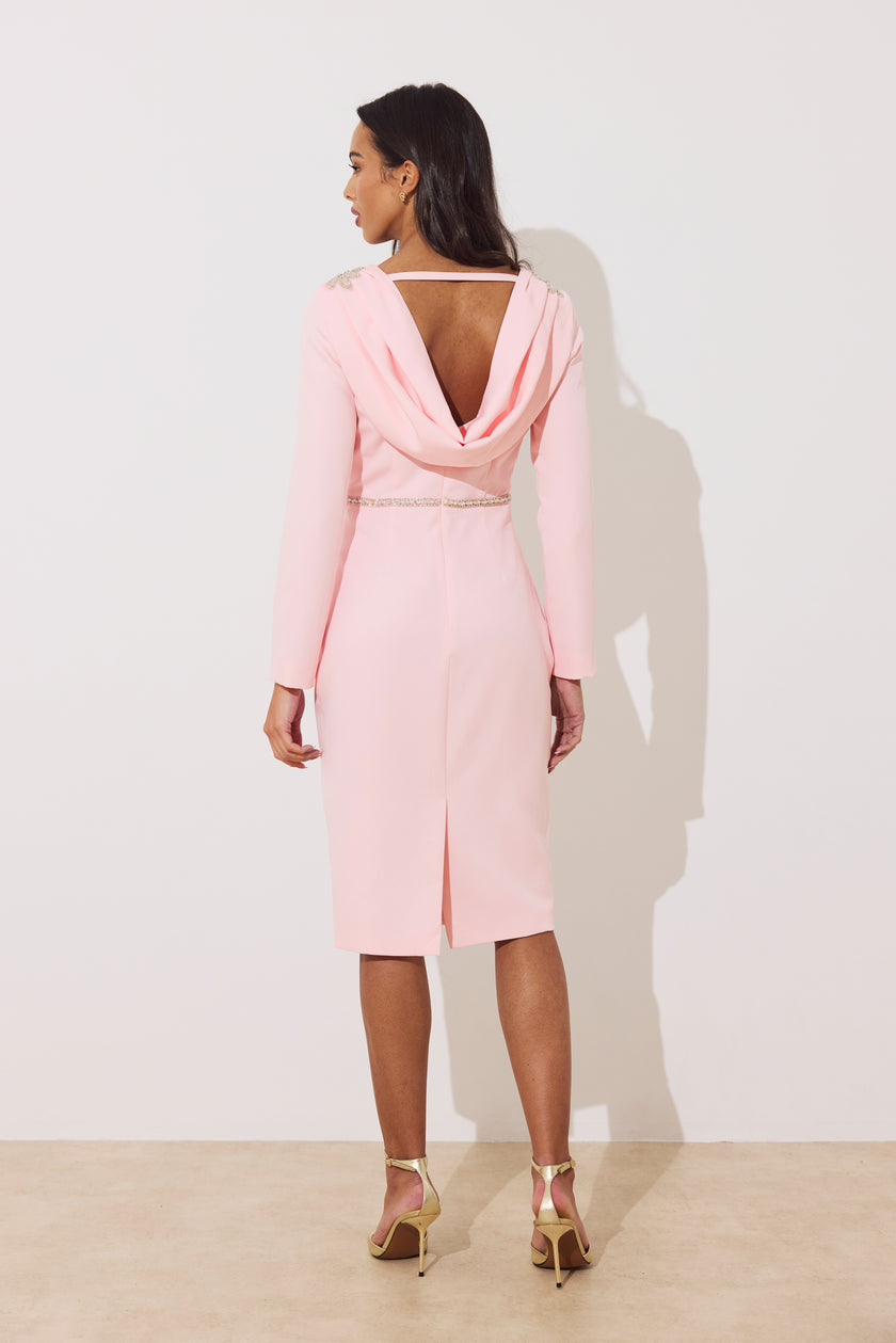 ASTERIA EMBELLISHED SHOULDER COWL BACK MIDI - PALE PINK