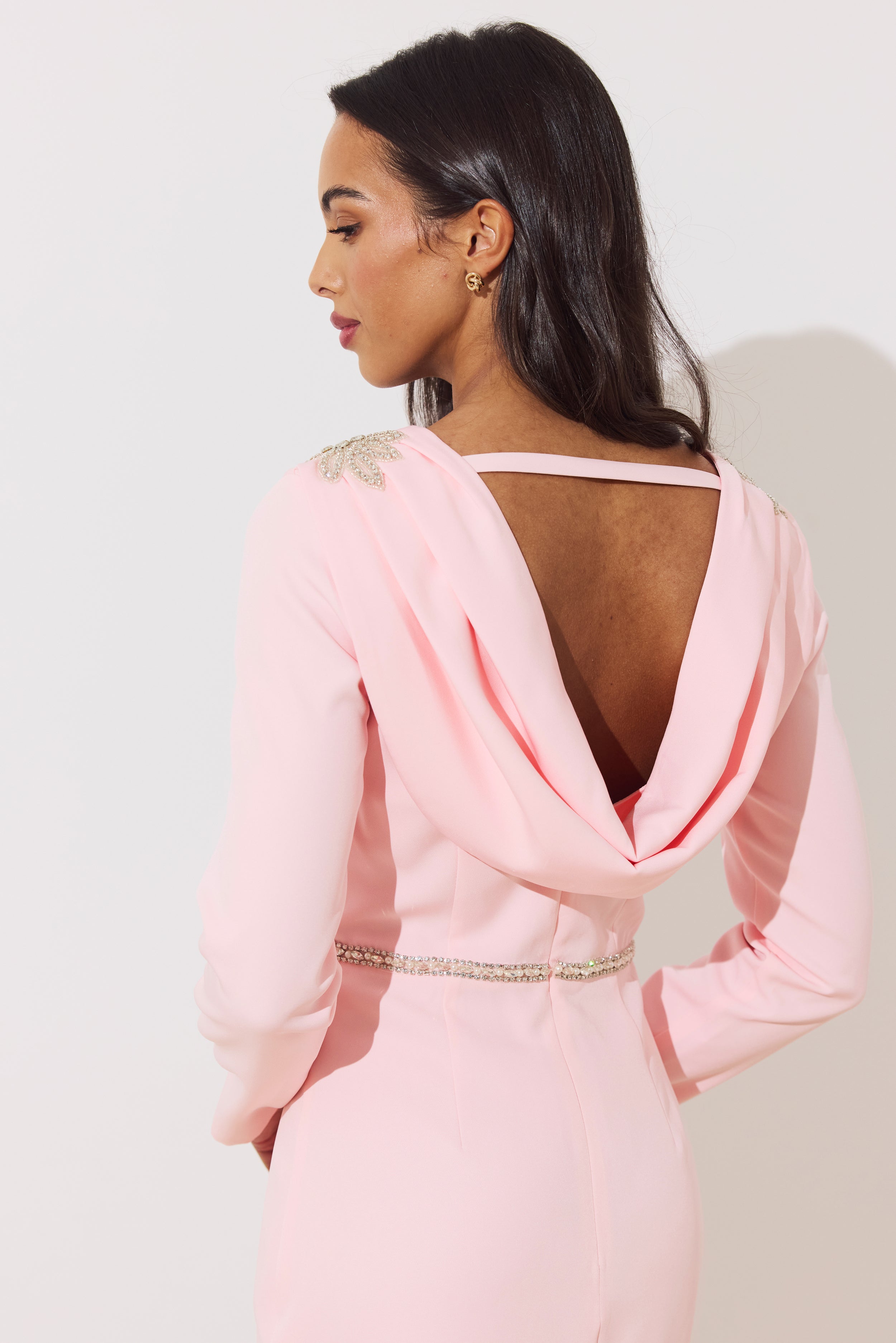 ASTERIA EMBELLISHED SHOULDER COWL BACK MIDI - PALE PINK