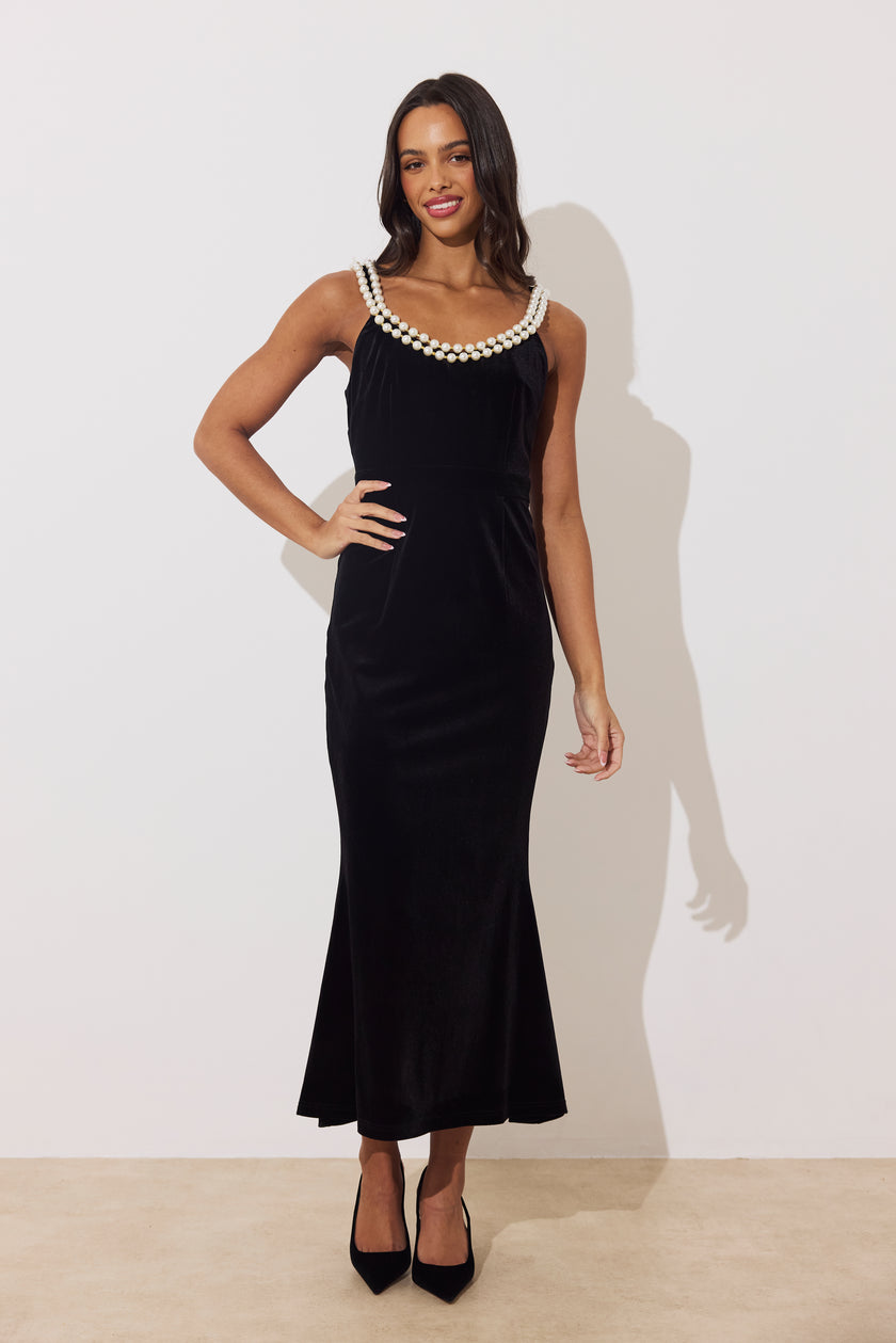 VICTOIRE PEARL FISHTAIL MIDI DRESS - BLACK VELVET