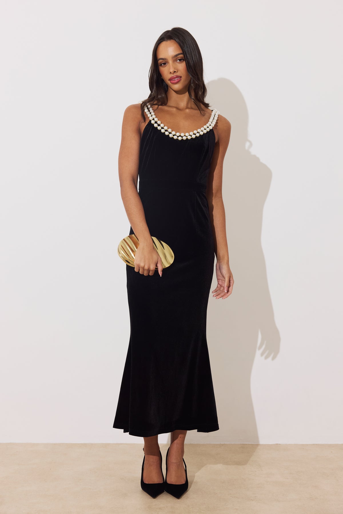 VICTOIRE PEARL FISHTAIL MIDI DRESS - BLACK VELVET