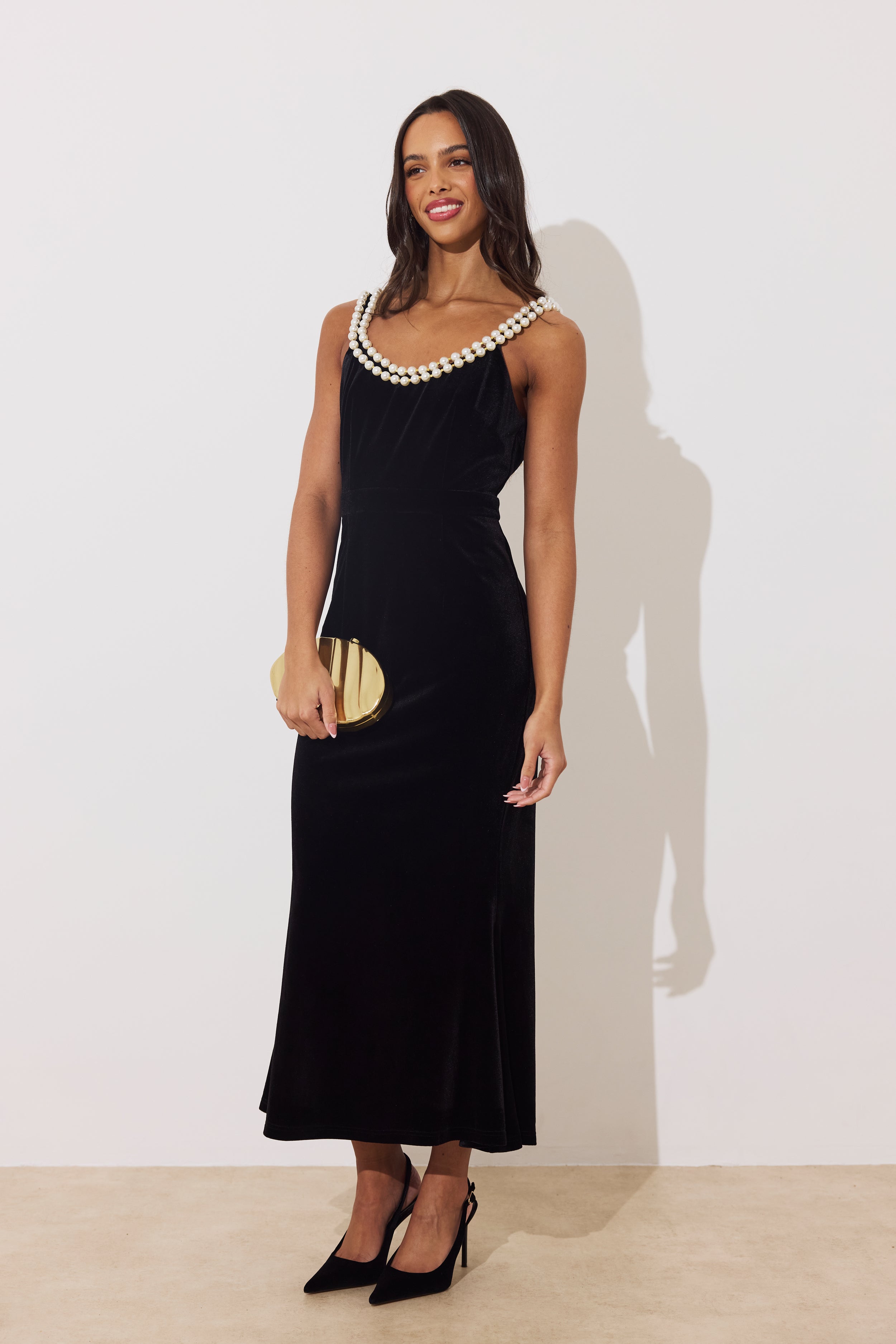 VICTOIRE PEARL FISHTAIL MIDI DRESS - BLACK VELVET