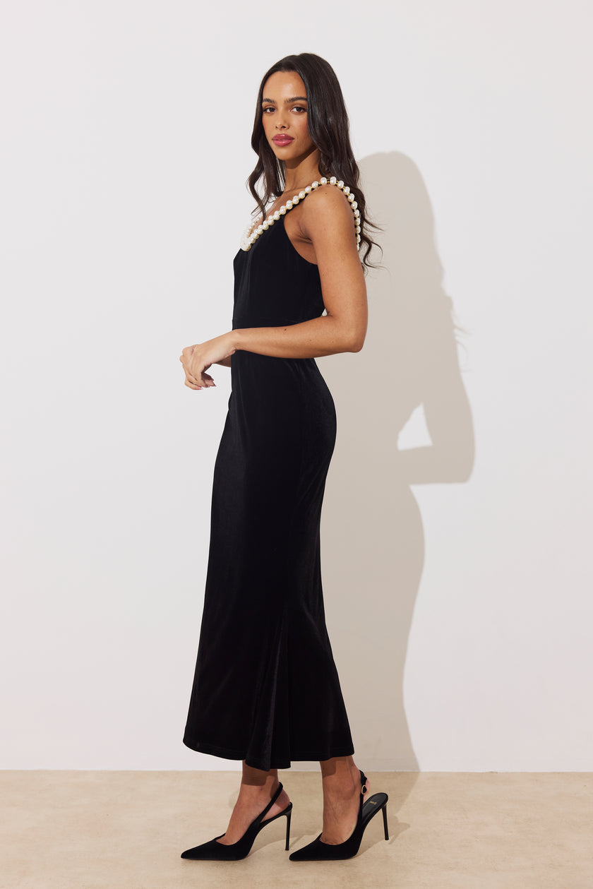 VICTOIRE PEARL FISHTAIL MIDI DRESS - BLACK VELVET
