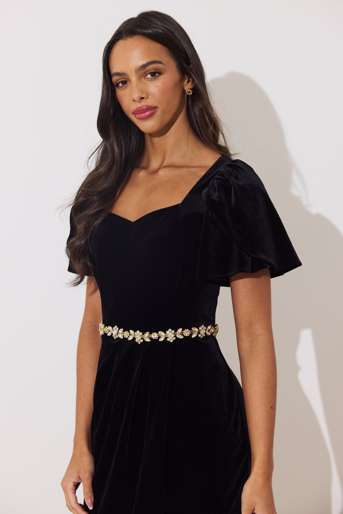 SOLANA EMBELLISHED WAIST TULIP SKIRT MIDI - BLACK VELVET