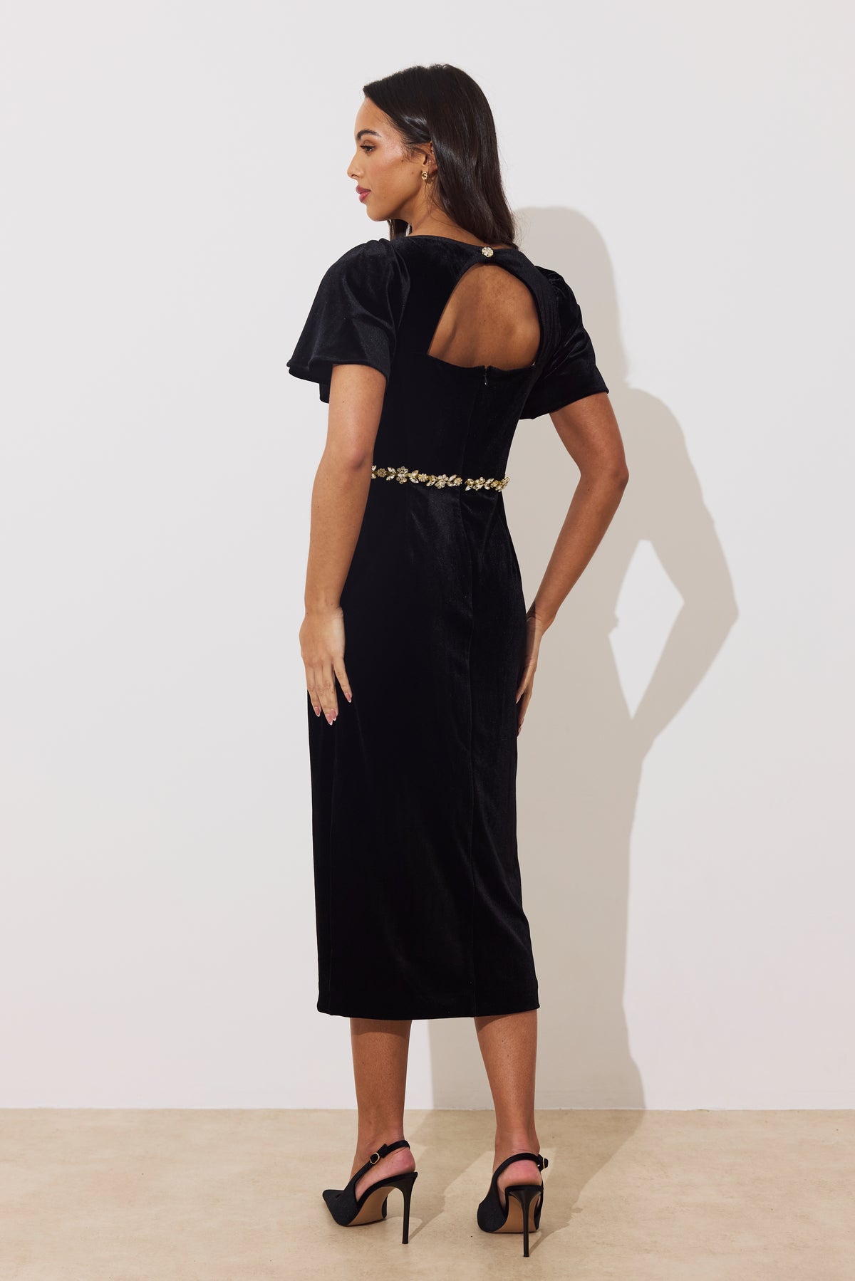 SOLANA EMBELLISHED WAIST TULIP SKIRT MIDI - BLACK VELVET