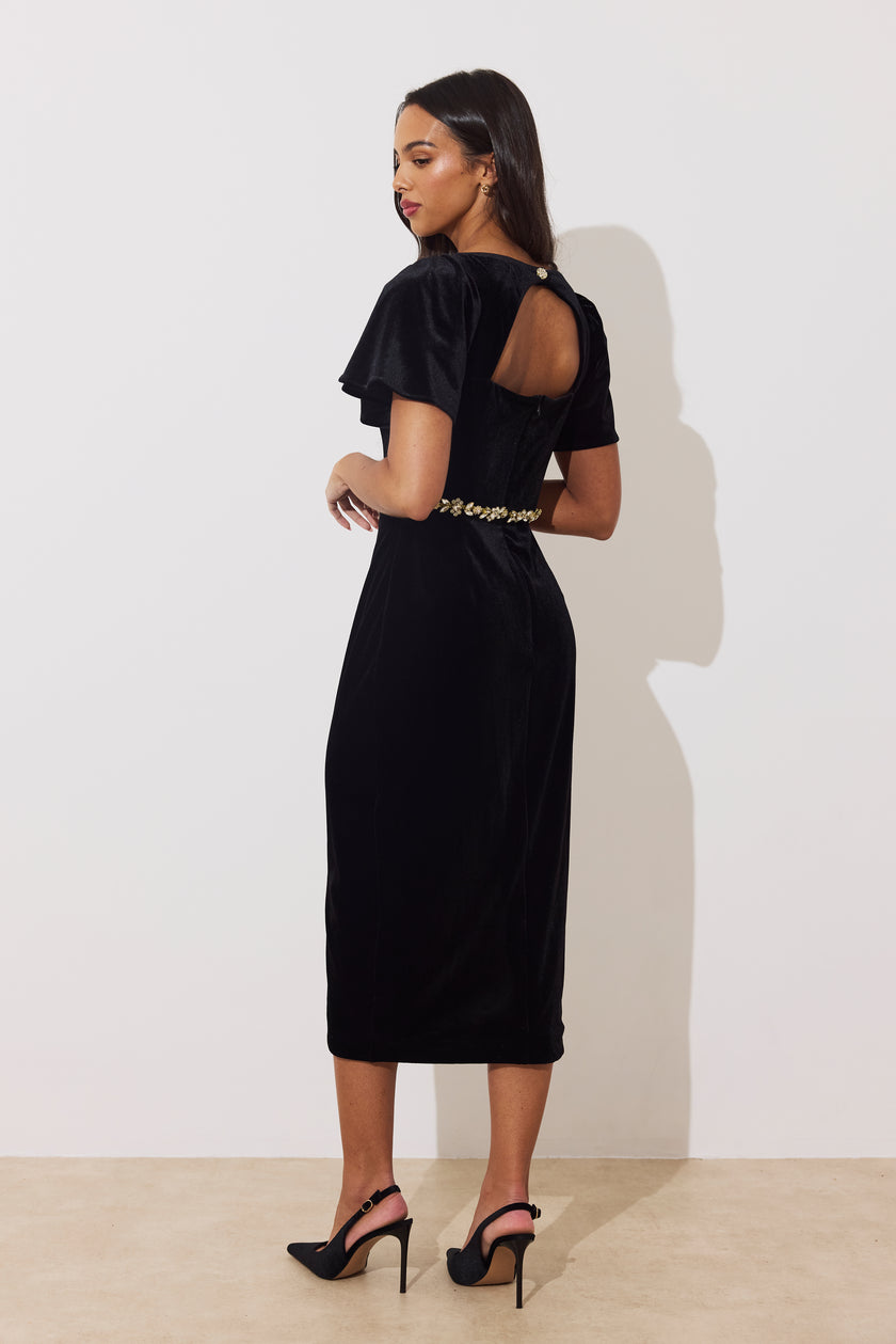 SOLANA EMBELLISHED WAIST TULIP SKIRT MIDI - BLACK VELVET
