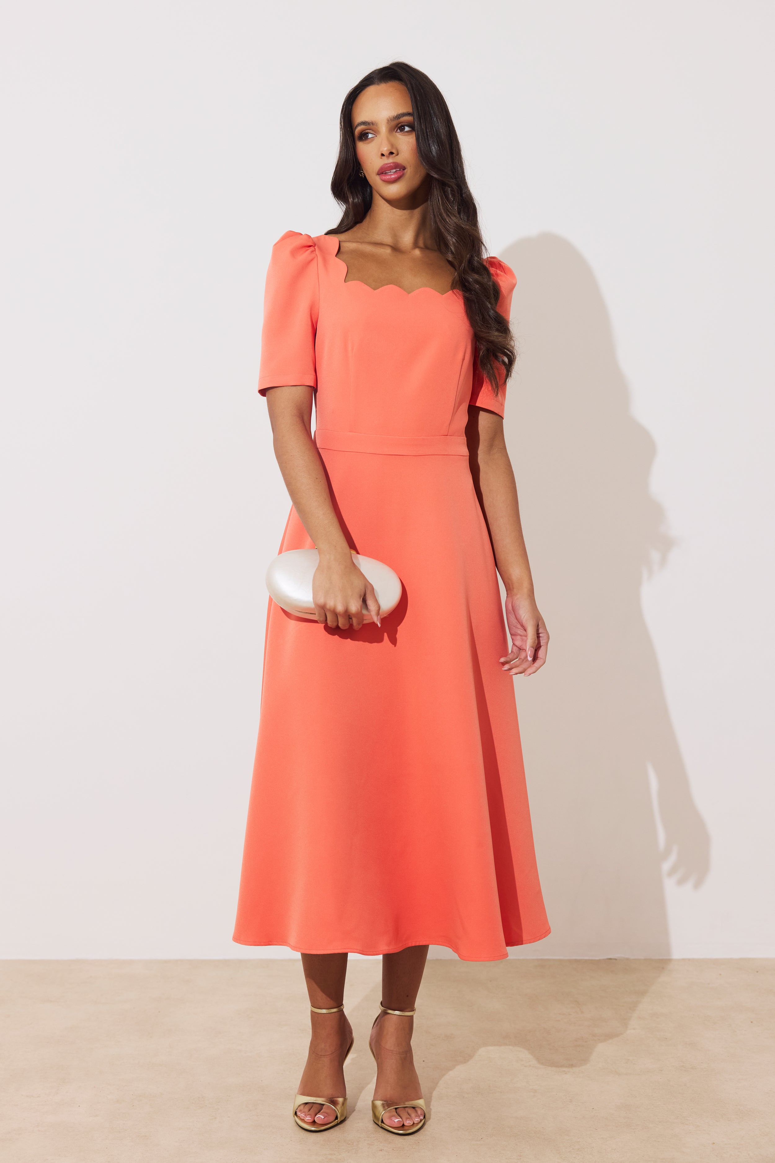 LIVIA SCALLOP SKATER DRESS - CORAL