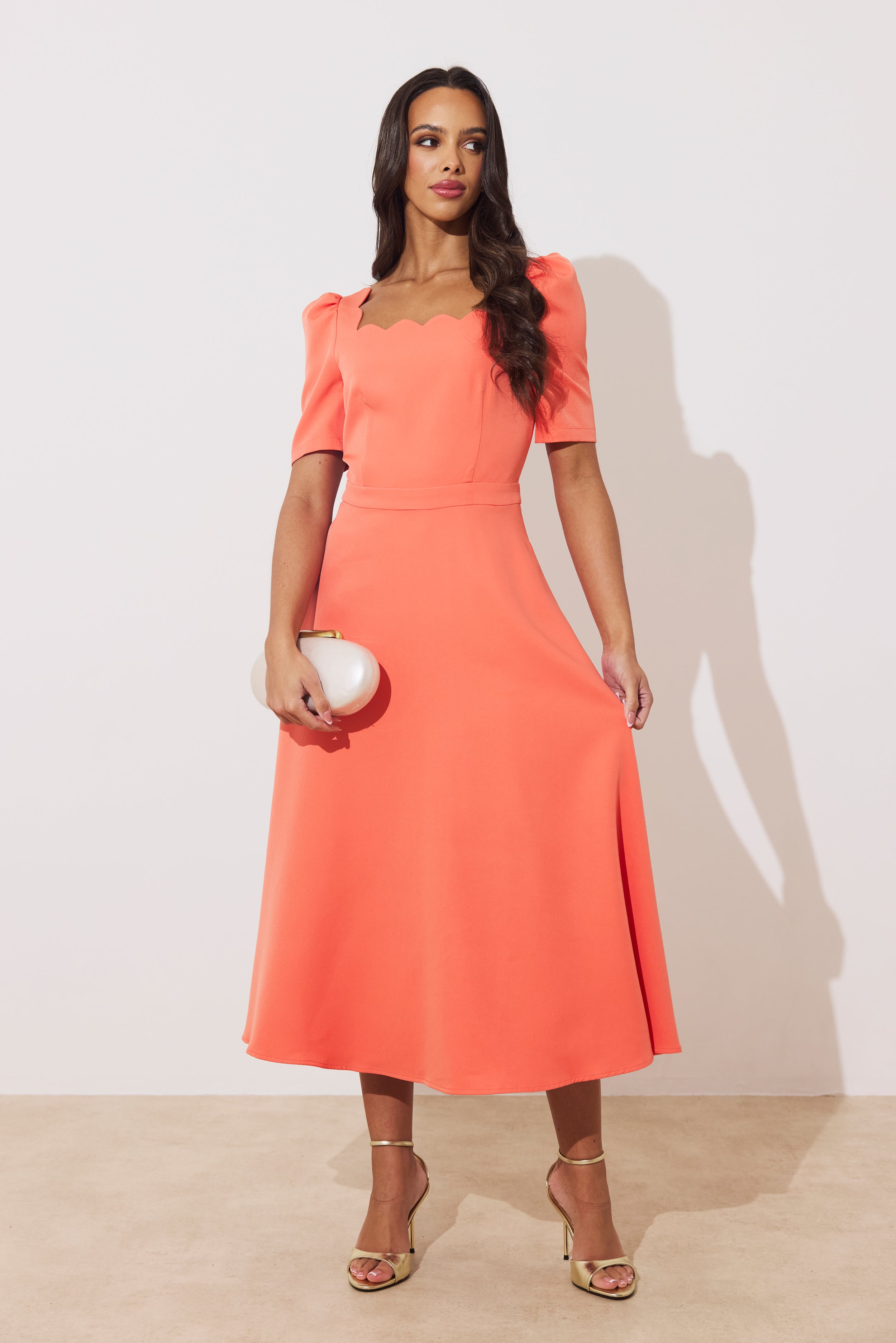 LIVIA SCALLOP SKATER DRESS - CORAL
