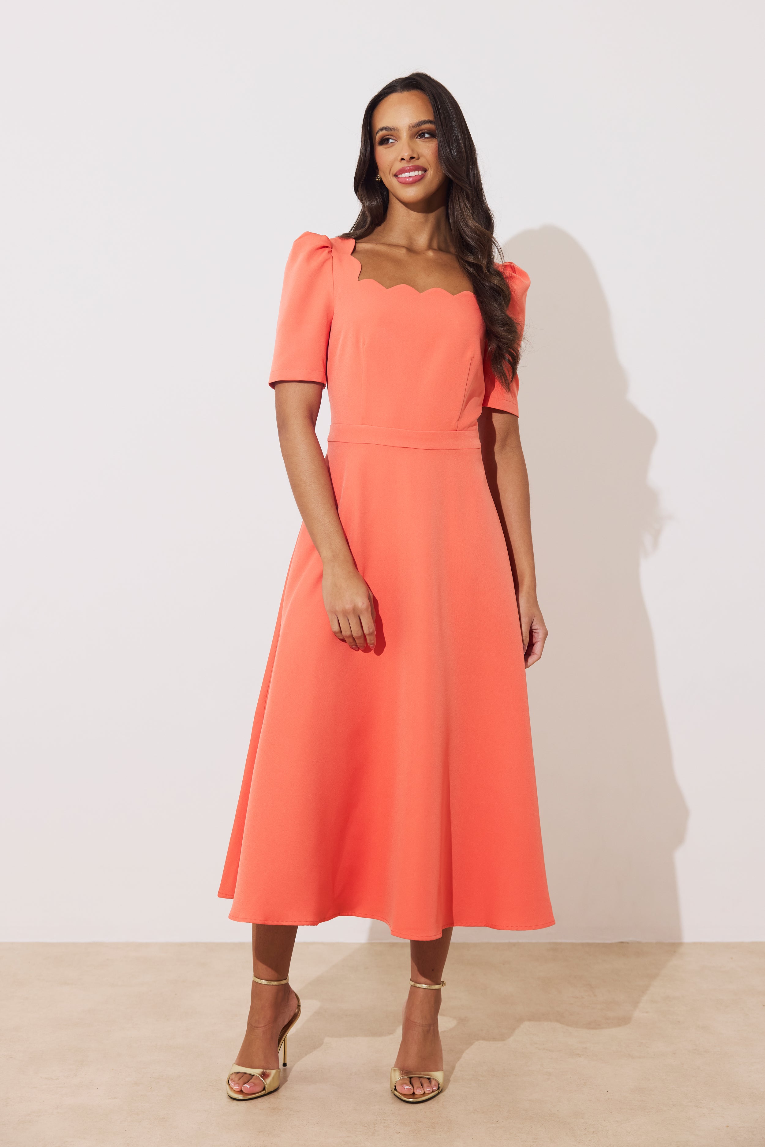 LIVIA SCALLOP SKATER DRESS - CORAL
