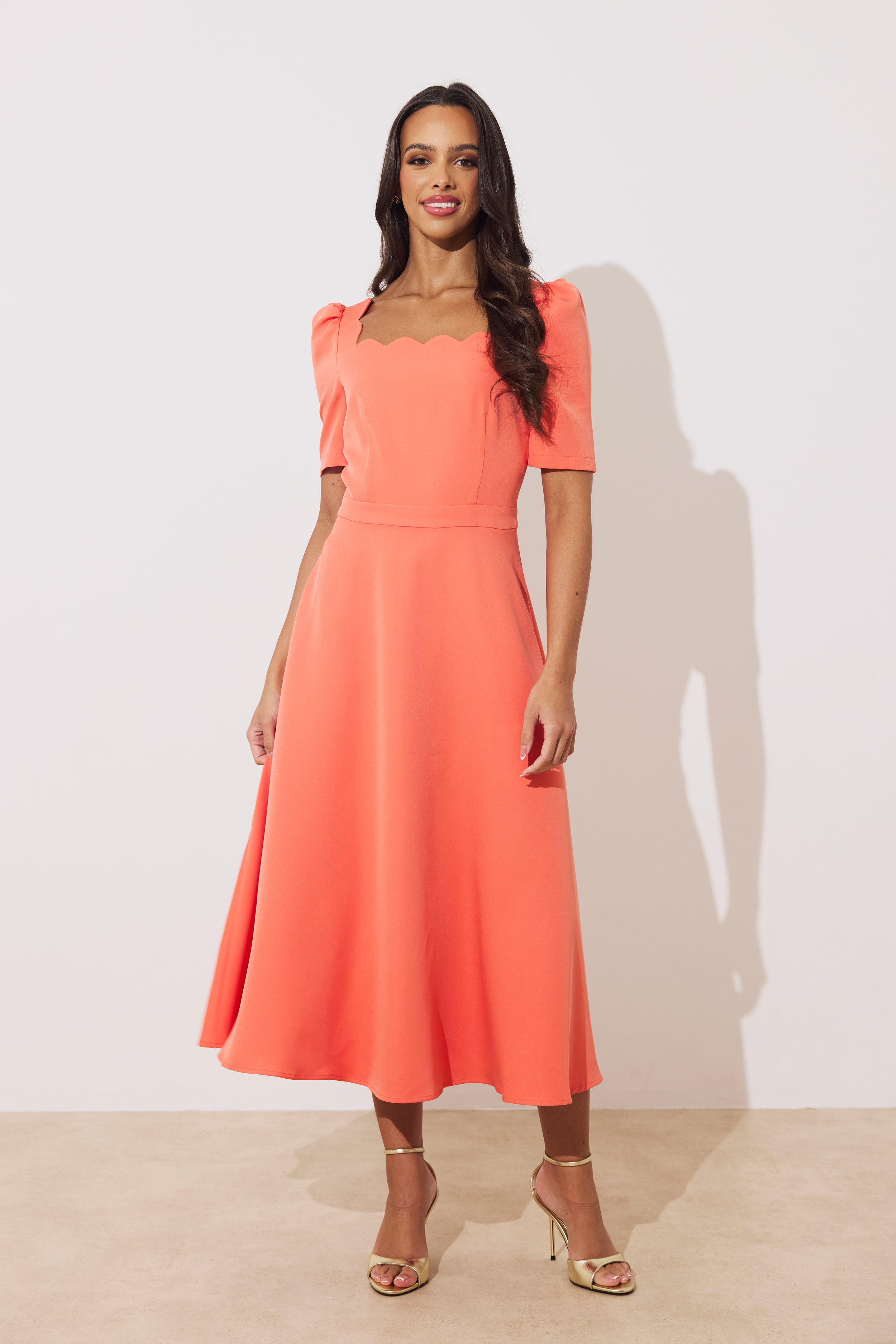LIVIA SCALLOP SKATER DRESS - CORAL