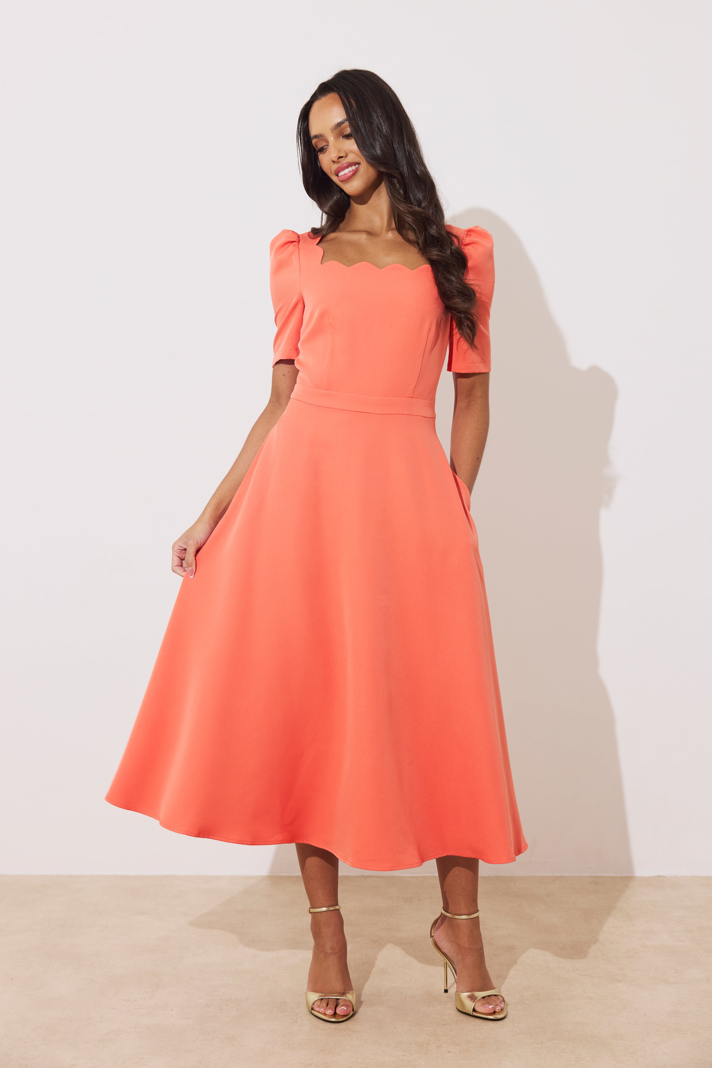 LIVIA SCALLOP SKATER DRESS - CORAL