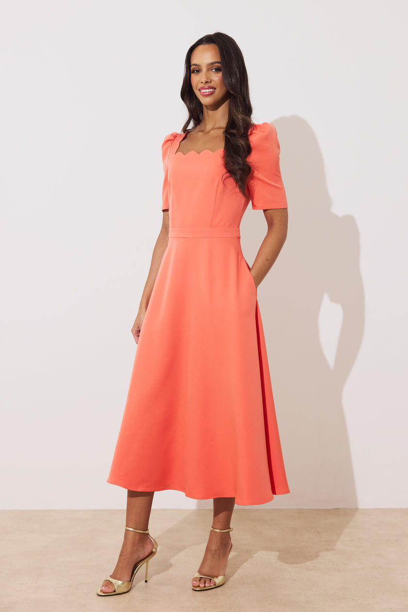 LIVIA SCALLOP SKATER DRESS - CORAL
