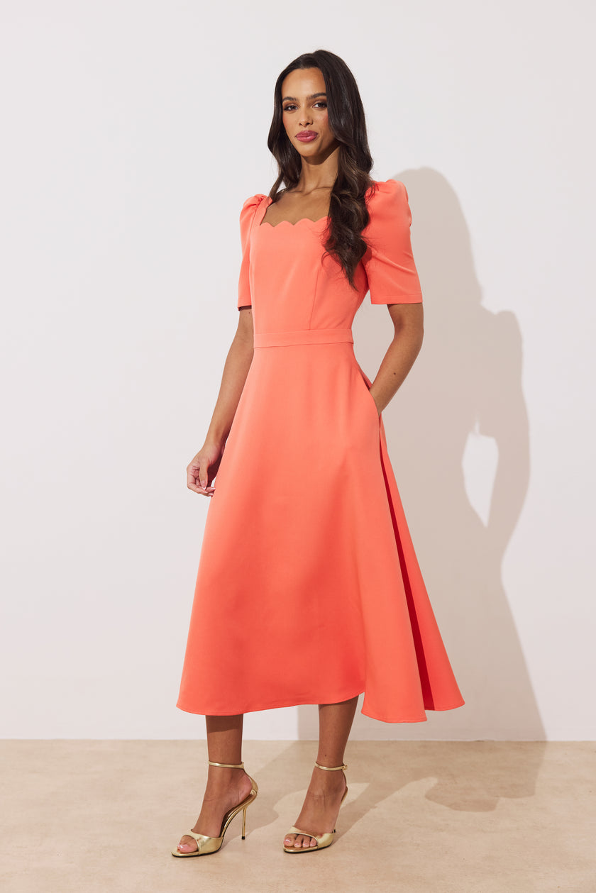 LIVIA SCALLOP SKATER DRESS - CORAL