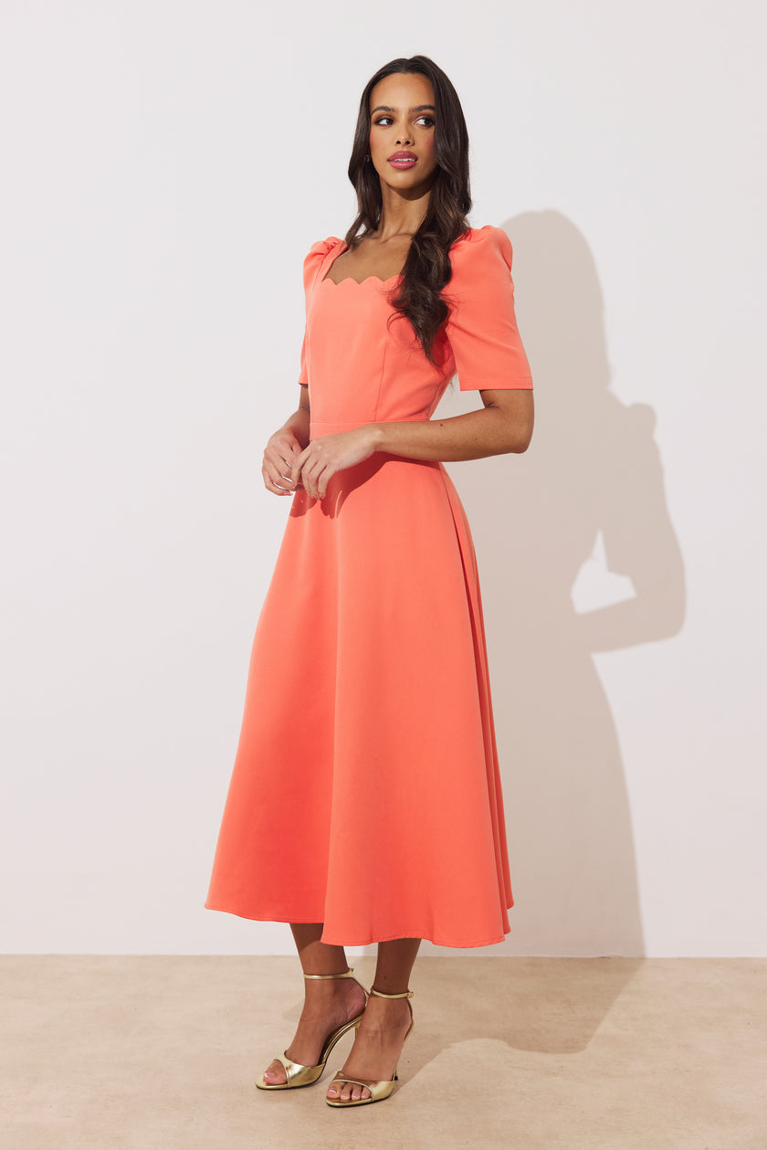 LIVIA SCALLOP SKATER DRESS - CORAL