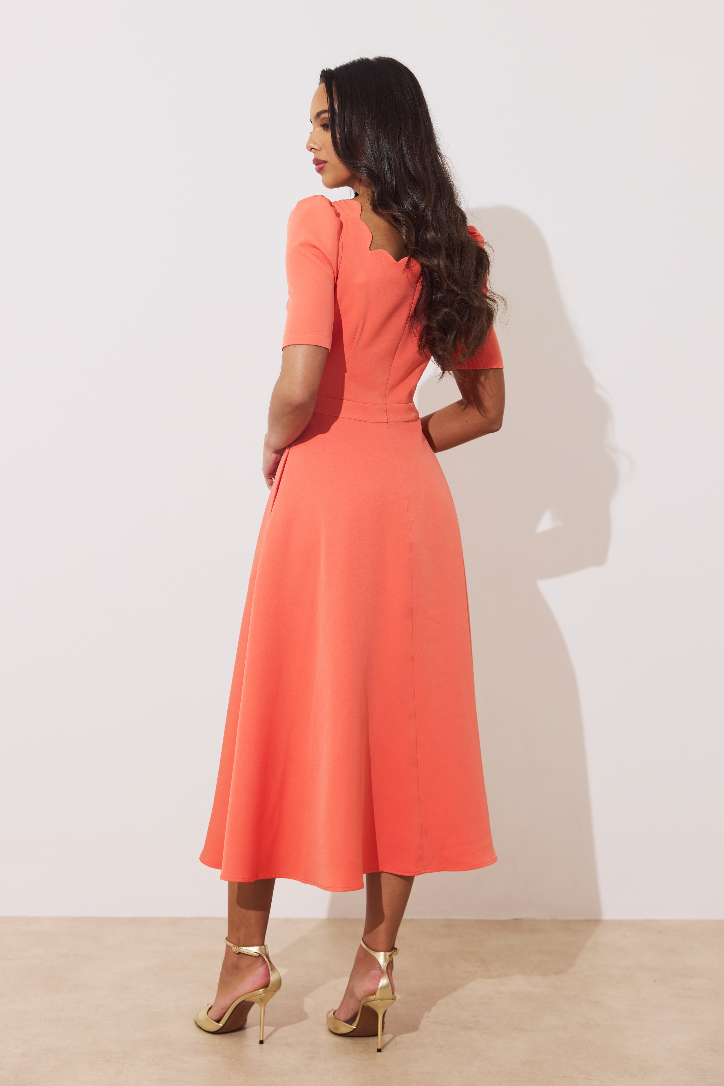 LIVIA SCALLOP SKATER DRESS - CORAL