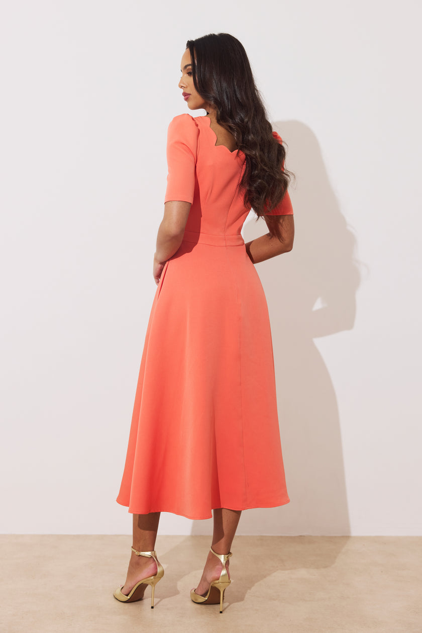 LIVIA SCALLOP SKATER DRESS - CORAL