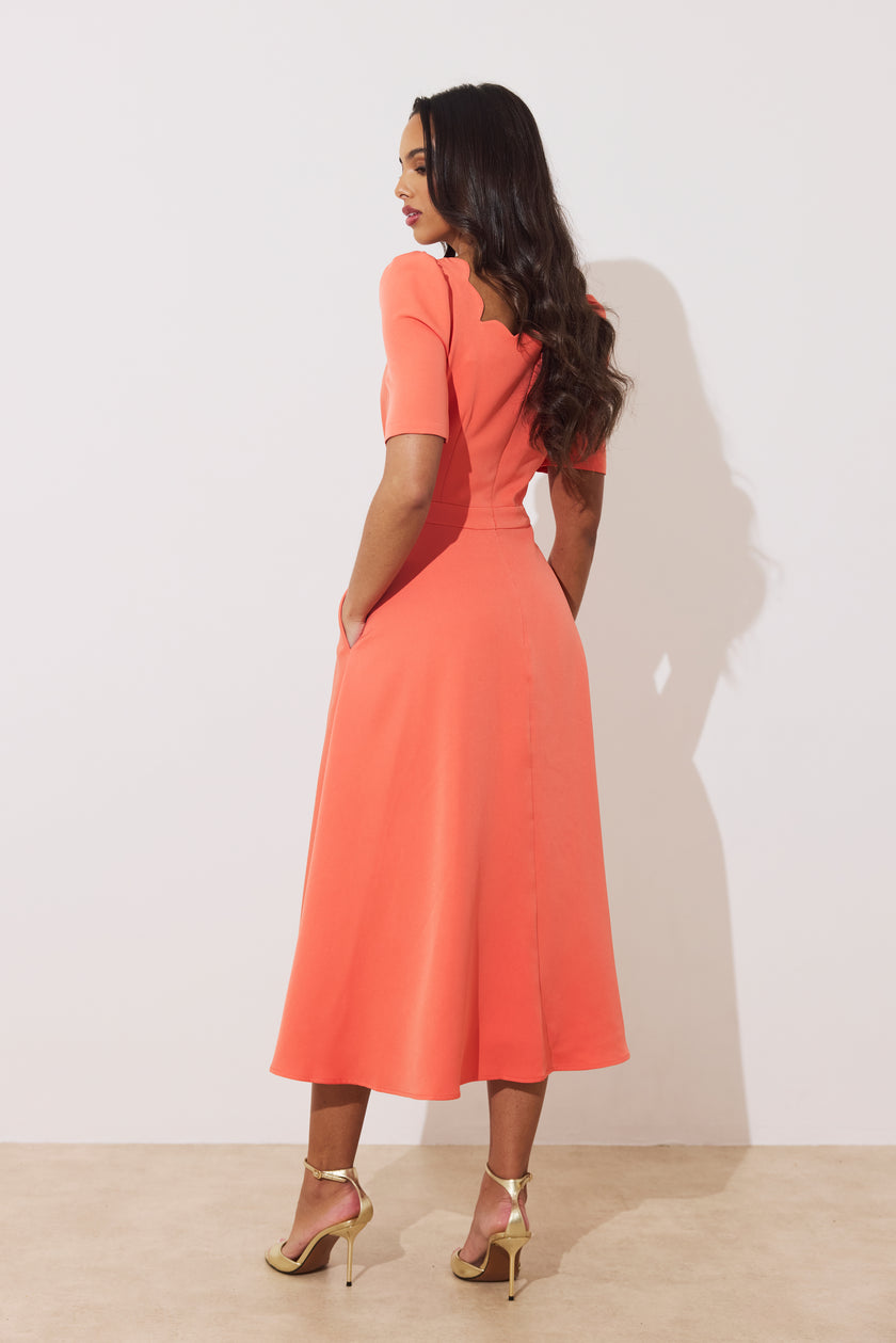 LIVIA SCALLOP SKATER DRESS - CORAL