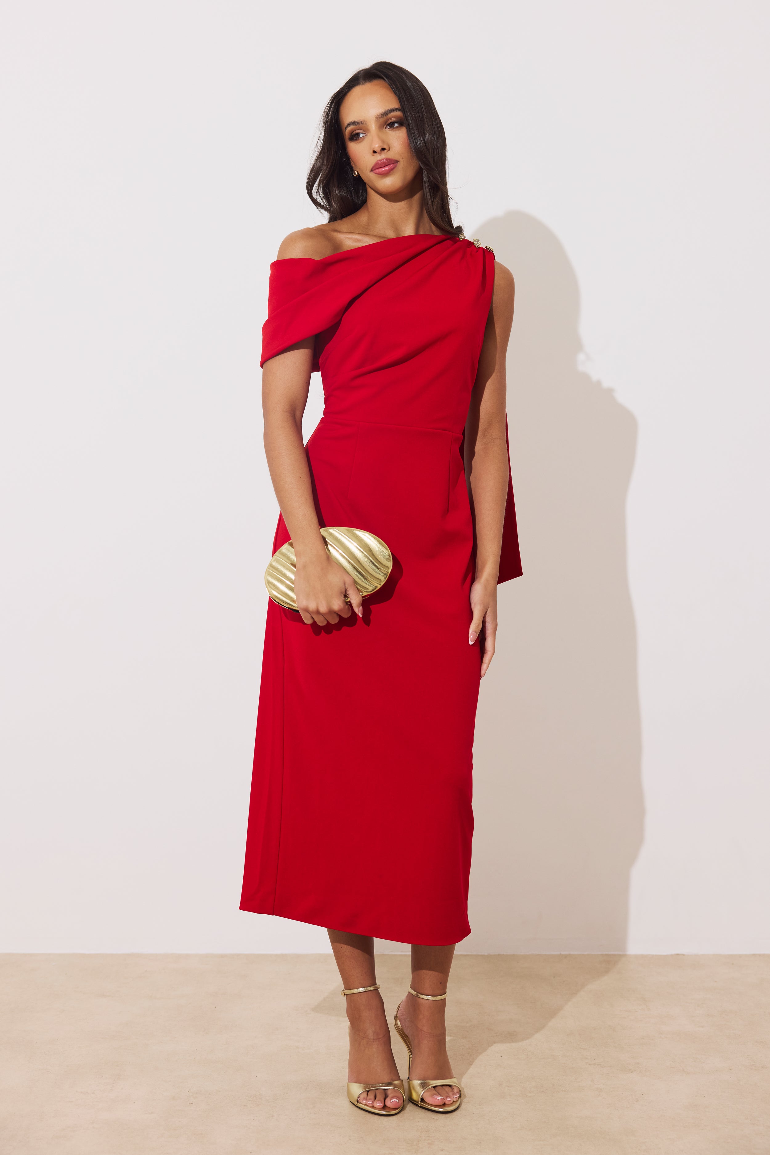 ELENI DRAPE MIDI DRESS - RED