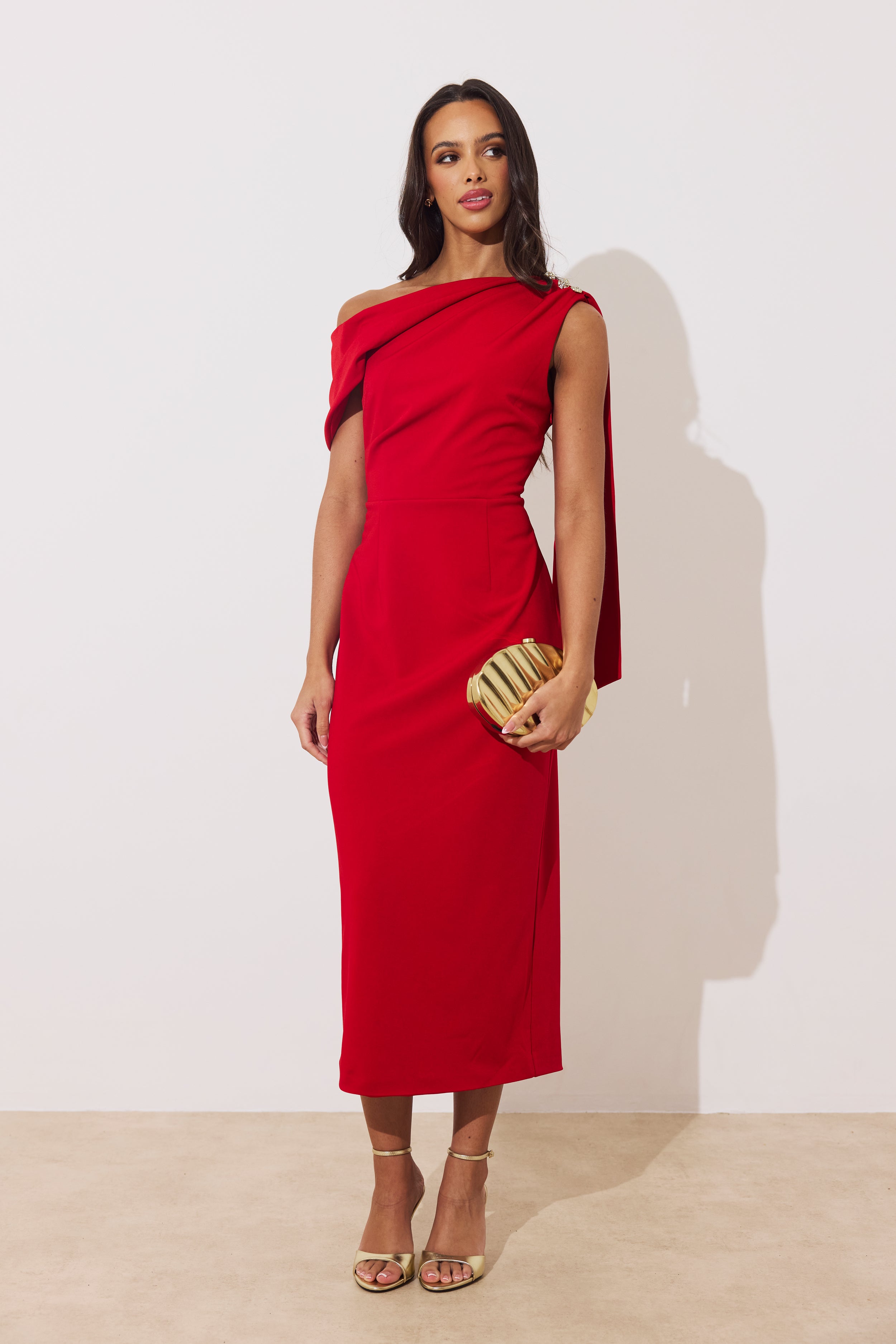 ELENI DRAPE MIDI DRESS - RED