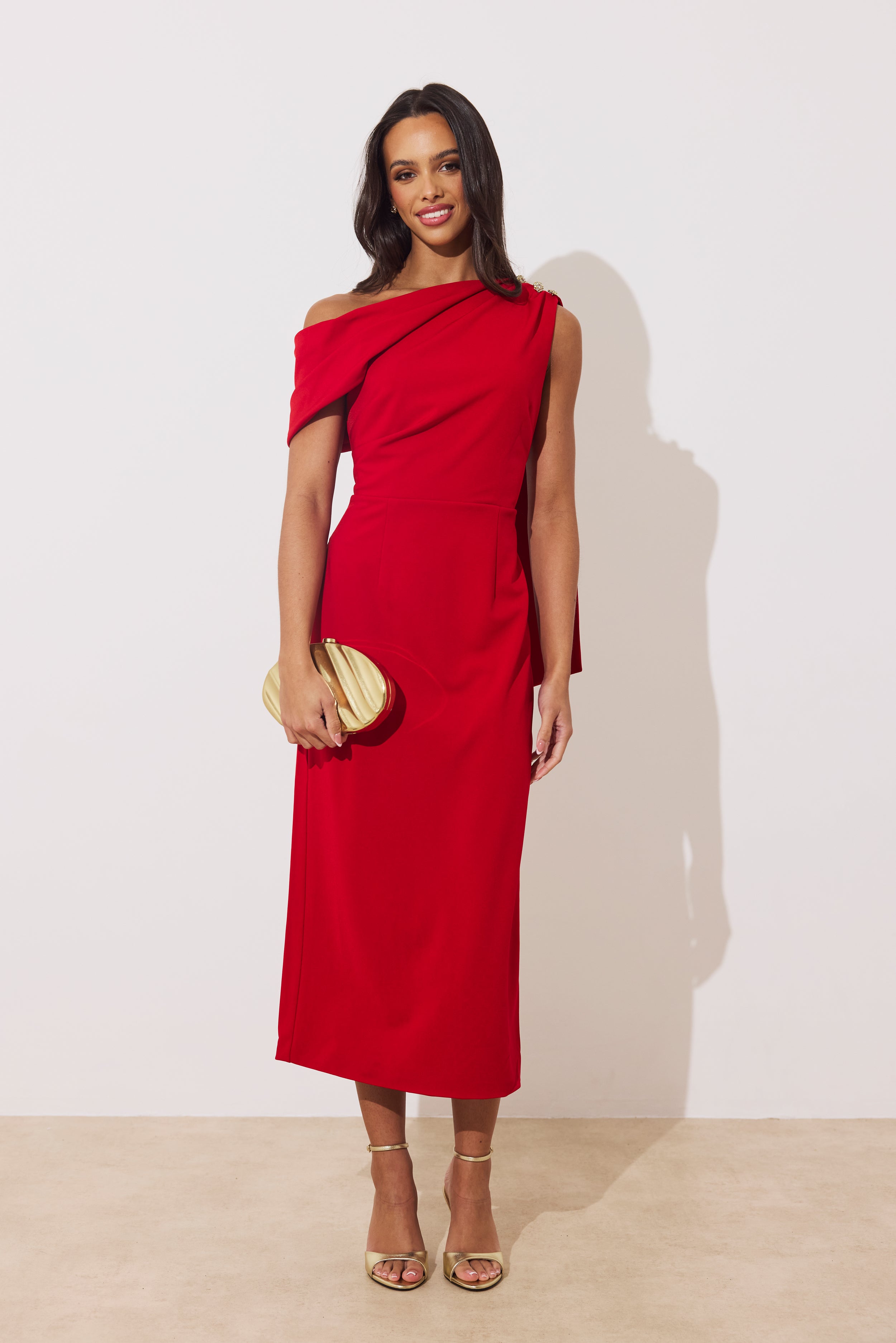ELENI DRAPE MIDI DRESS - RED