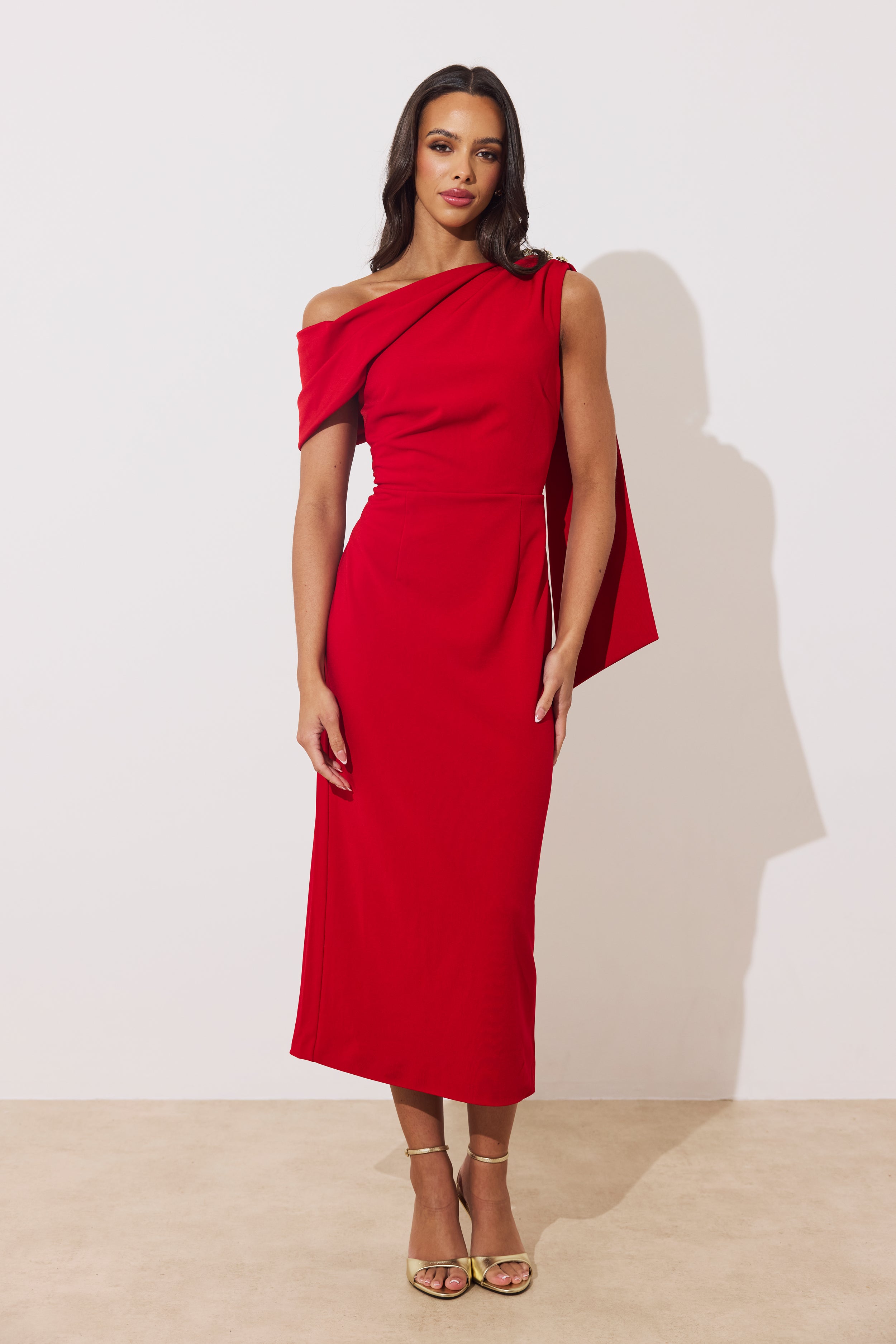 ELENI DRAPE MIDI DRESS - RED