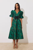 CALLIE METALLIC BOW FULL SKIRT MIDI DRESS - EMERALD GREEN