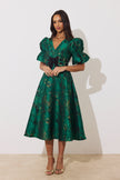 CALLIE METALLIC BOW FULL SKIRT MIDI DRESS - EMERALD GREEN
