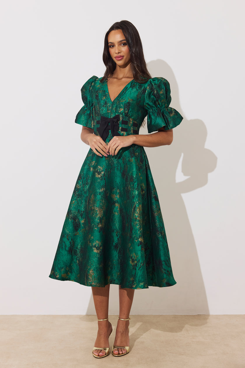 CALLIE METALLIC BOW FULL SKIRT MIDI DRESS - EMERALD GREEN