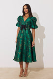 CALLIE METALLIC BOW FULL SKIRT MIDI DRESS - EMERALD GREEN
