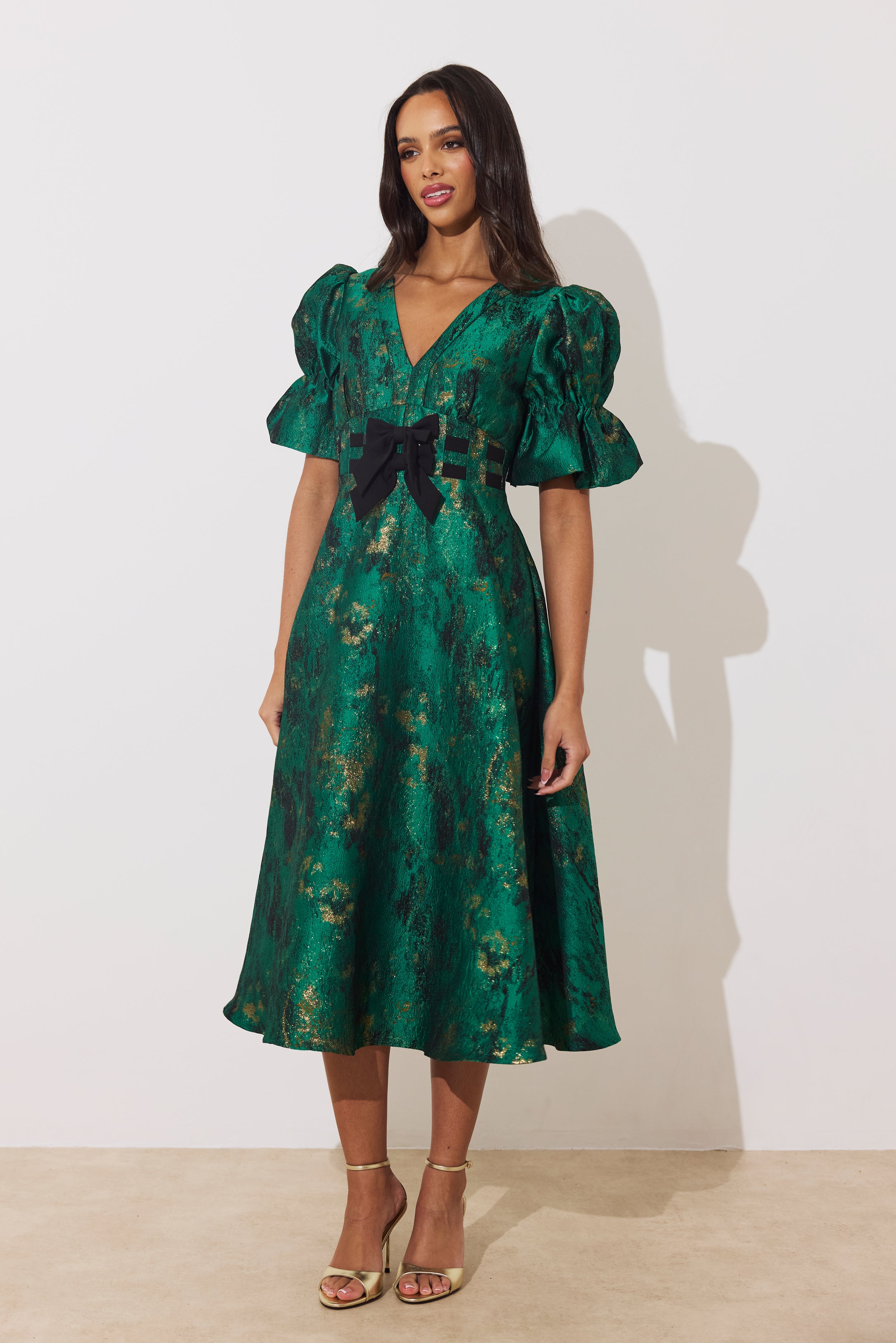 CALLIE METALLIC BOW FULL SKIRT MIDI DRESS - EMERALD GREEN