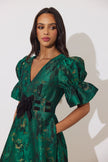 CALLIE METALLIC BOW FULL SKIRT MIDI DRESS - EMERALD GREEN