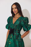 CALLIE METALLIC BOW FULL SKIRT MIDI DRESS - EMERALD GREEN