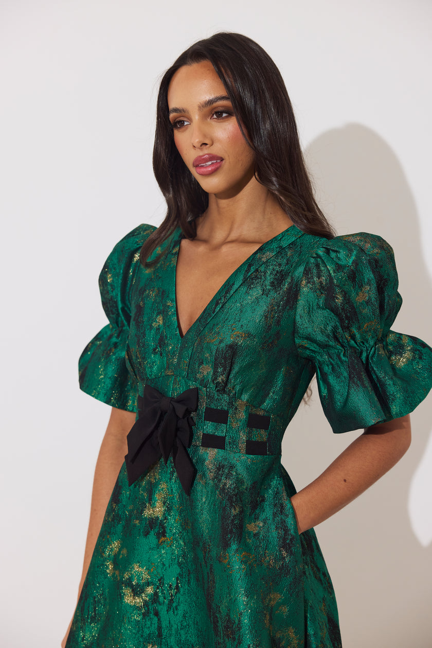 CALLIE METALLIC BOW FULL SKIRT MIDI DRESS - EMERALD GREEN