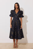 CALLIE METALLIC FULL SKIRT MIDI DRESS - MIDNIGHT BLUE GOLD