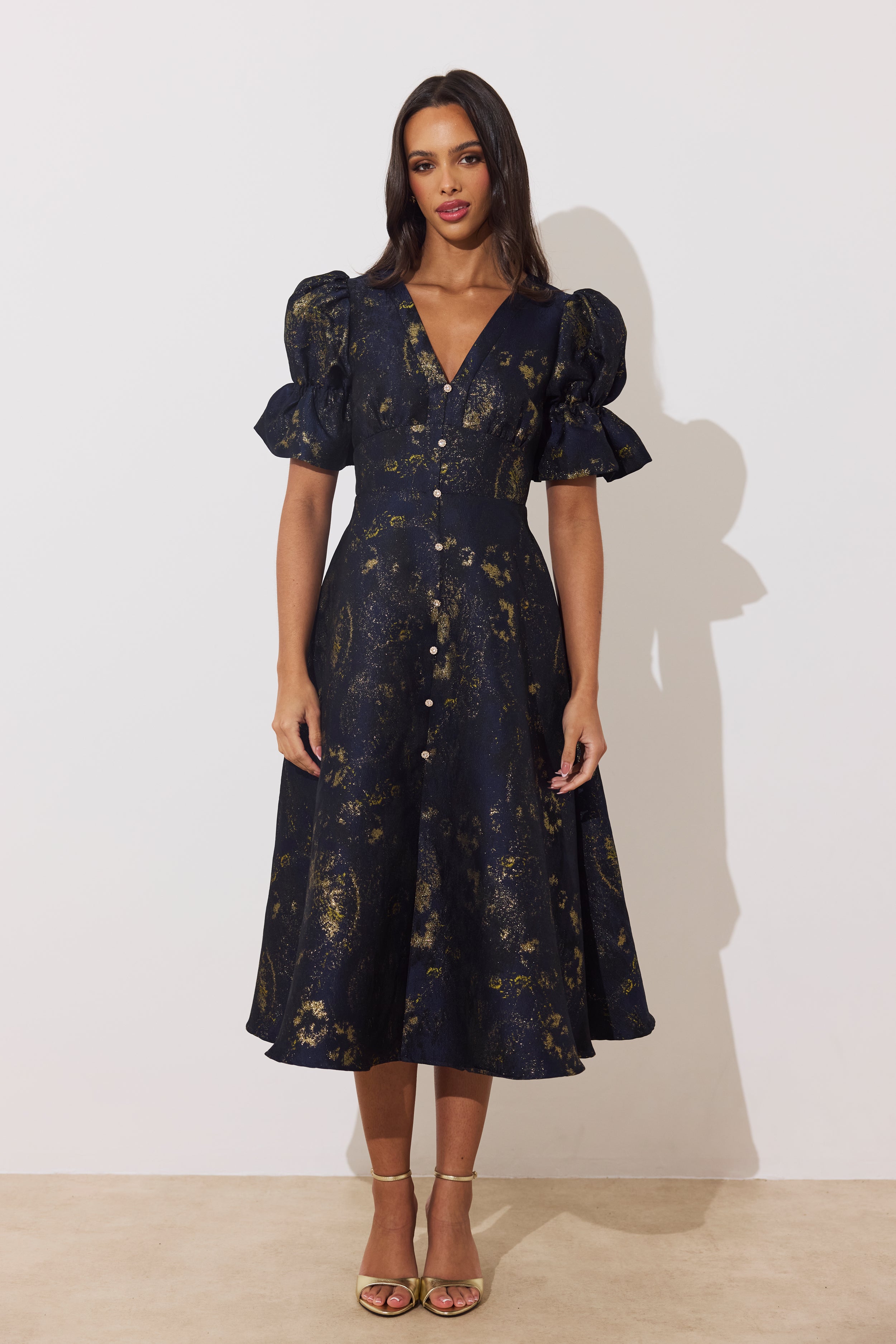 CALLIE METALLIC FULL SKIRT MIDI DRESS - MIDNIGHT BLUE GOLD
