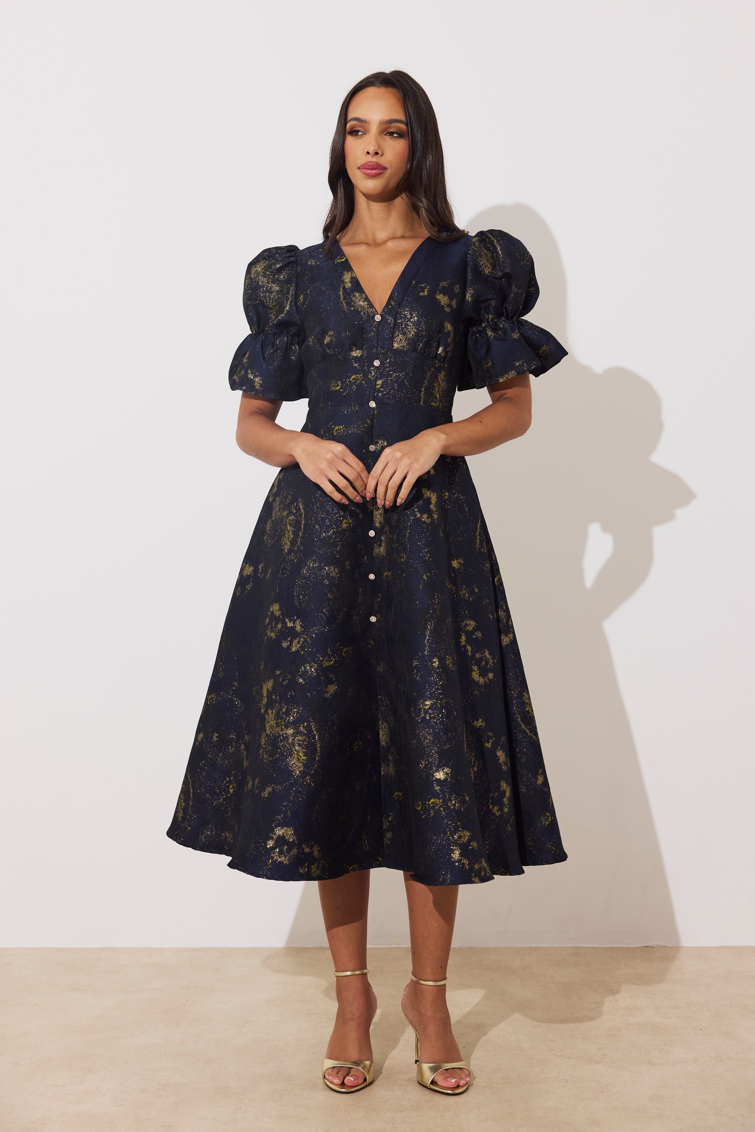 CALLIE METALLIC FULL SKIRT MIDI DRESS - MIDNIGHT BLUE GOLD