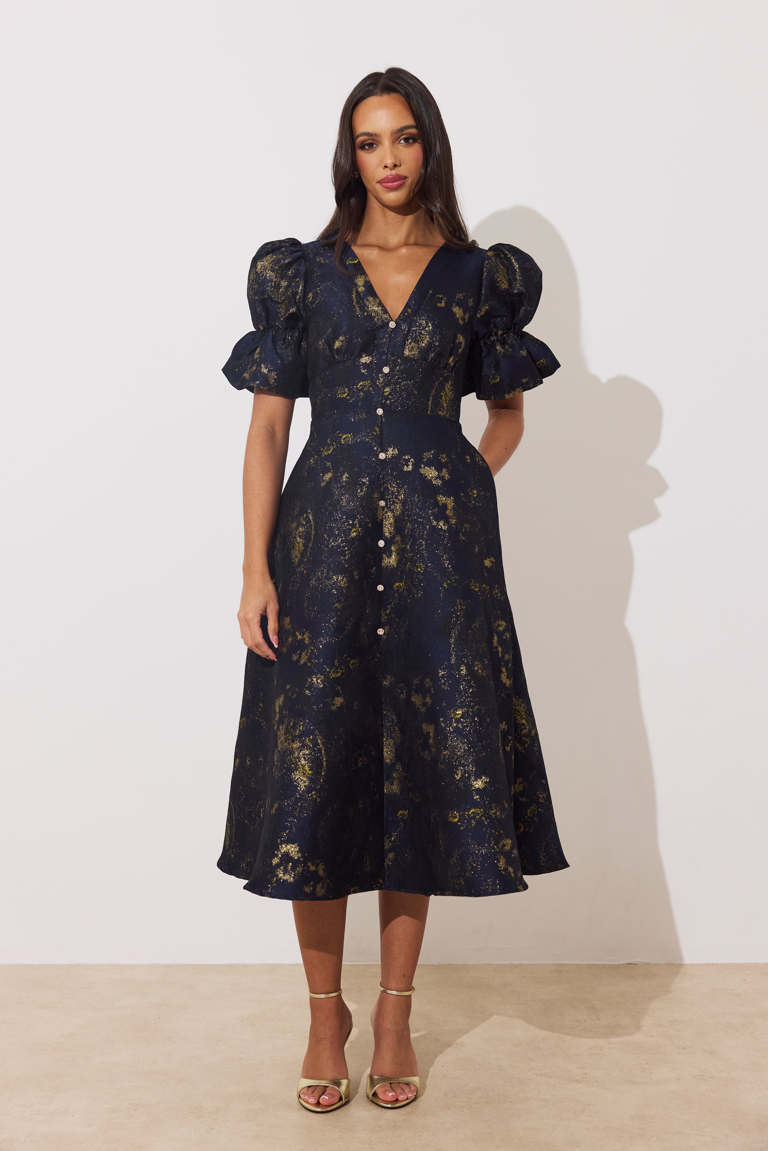 CALLIE METALLIC FULL SKIRT MIDI DRESS - MIDNIGHT BLUE GOLD