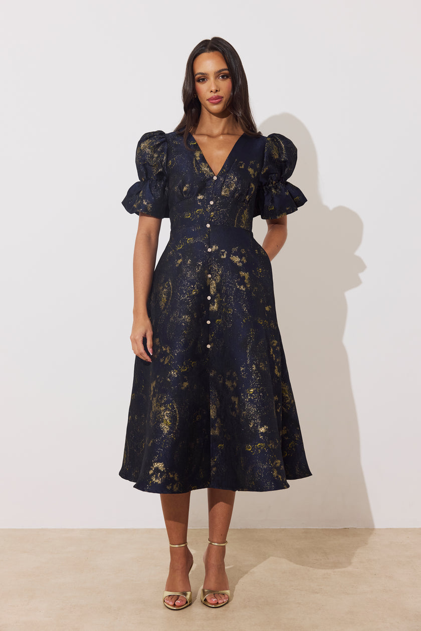 CALLIE METALLIC FULL SKIRT MIDI DRESS - MIDNIGHT BLUE GOLD