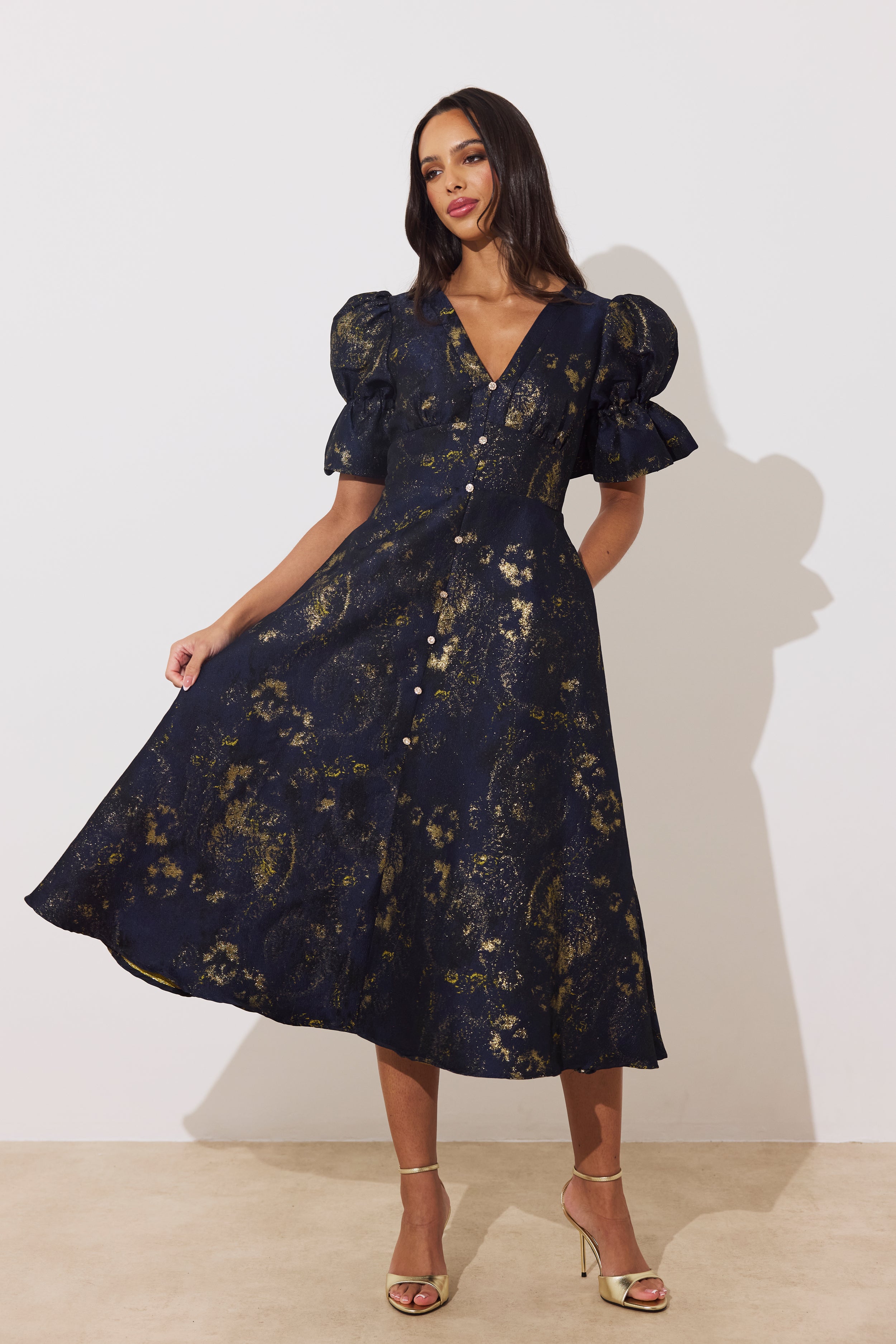 CALLIE METALLIC FULL SKIRT MIDI DRESS - MIDNIGHT BLUE GOLD